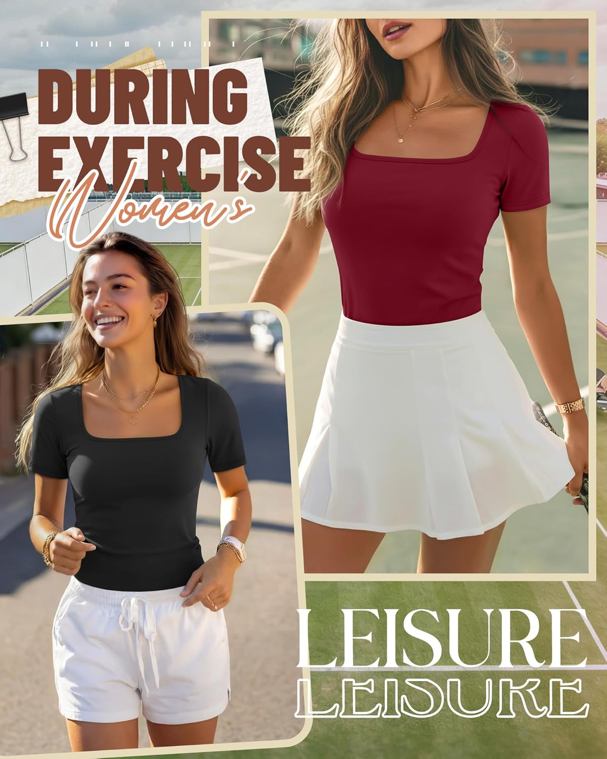 Ficerd 3 Pack Women's Square Neck Shirts, Short Sleeve Slim Fit Tops Scoop Neck Summer Casual Basic T-Shirts Tee - Image 5