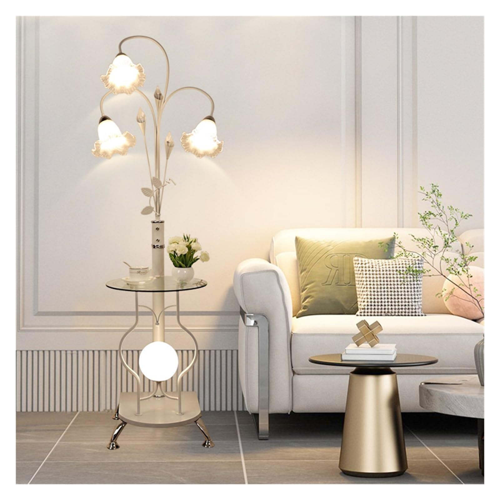 Lampy stojące Nowoczesny stolik boczny i lampa podłogowa LED z metalu/szkła, lampa podłogowa do salonu ze sprzętowymi nóżkami do sofy, lampa podłogowa do sypialni, salonu lub biura(Biały)