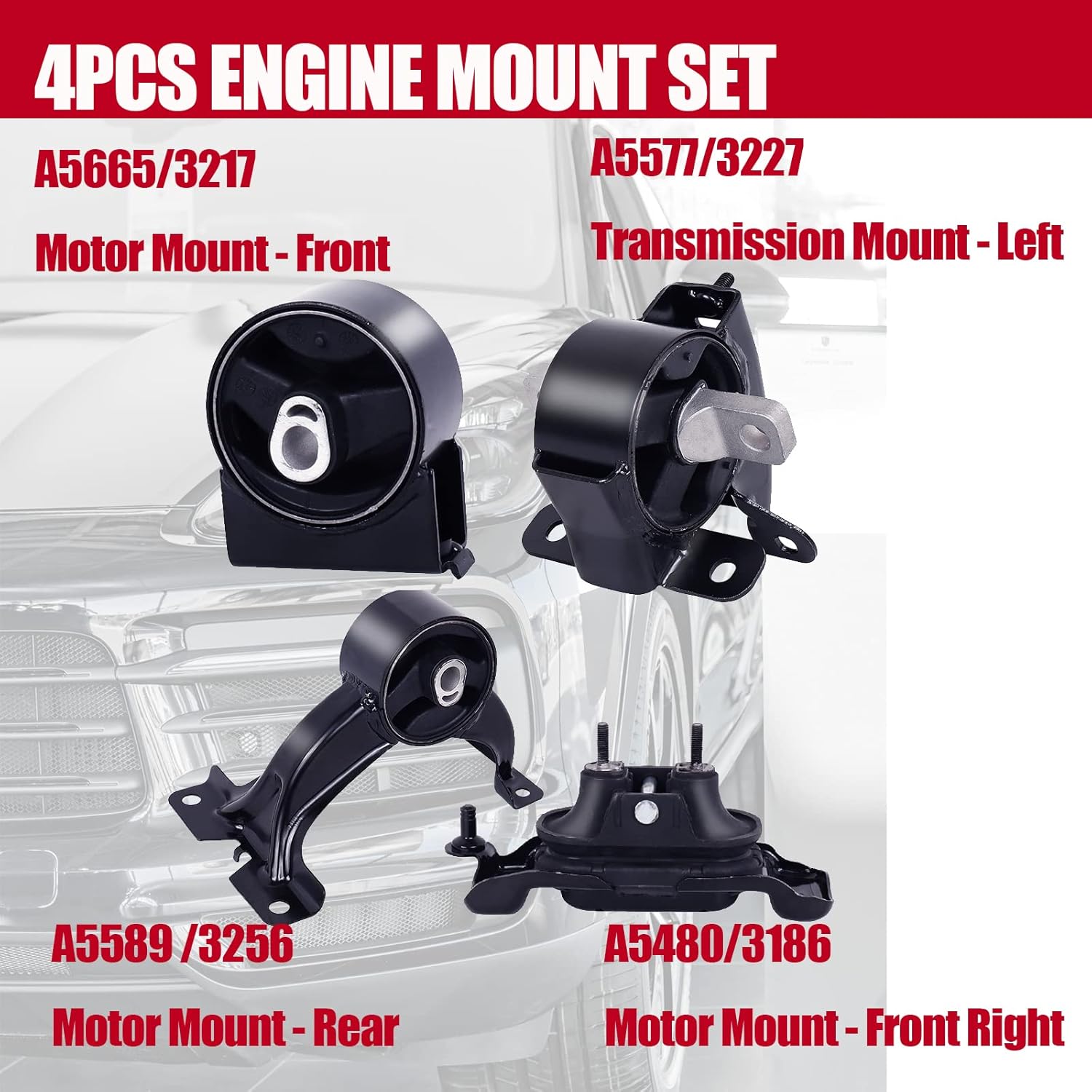 Engine Motor & Transmission Mount Set 4PCS Compatible with 2011-2017 Dodge Grand Caravan, Chrysler Town & Country 3.6L, 2011-2014 Routan, Replaces A5665 A5480 A5589 A5577