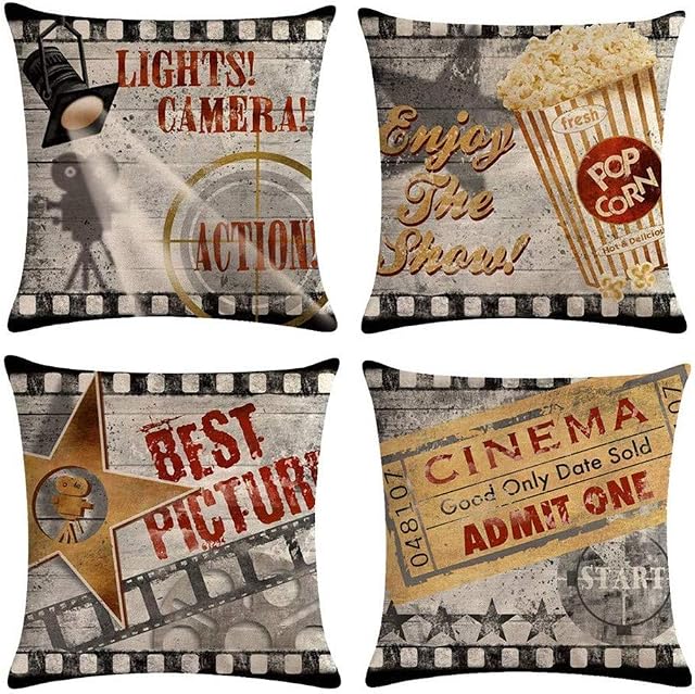 Freea Cushion Covers, Set of 4 Decorative Pillowcases Movie Cinema Square Throw Pillow Covers 45x45cm for Home Sofa Bed Chair