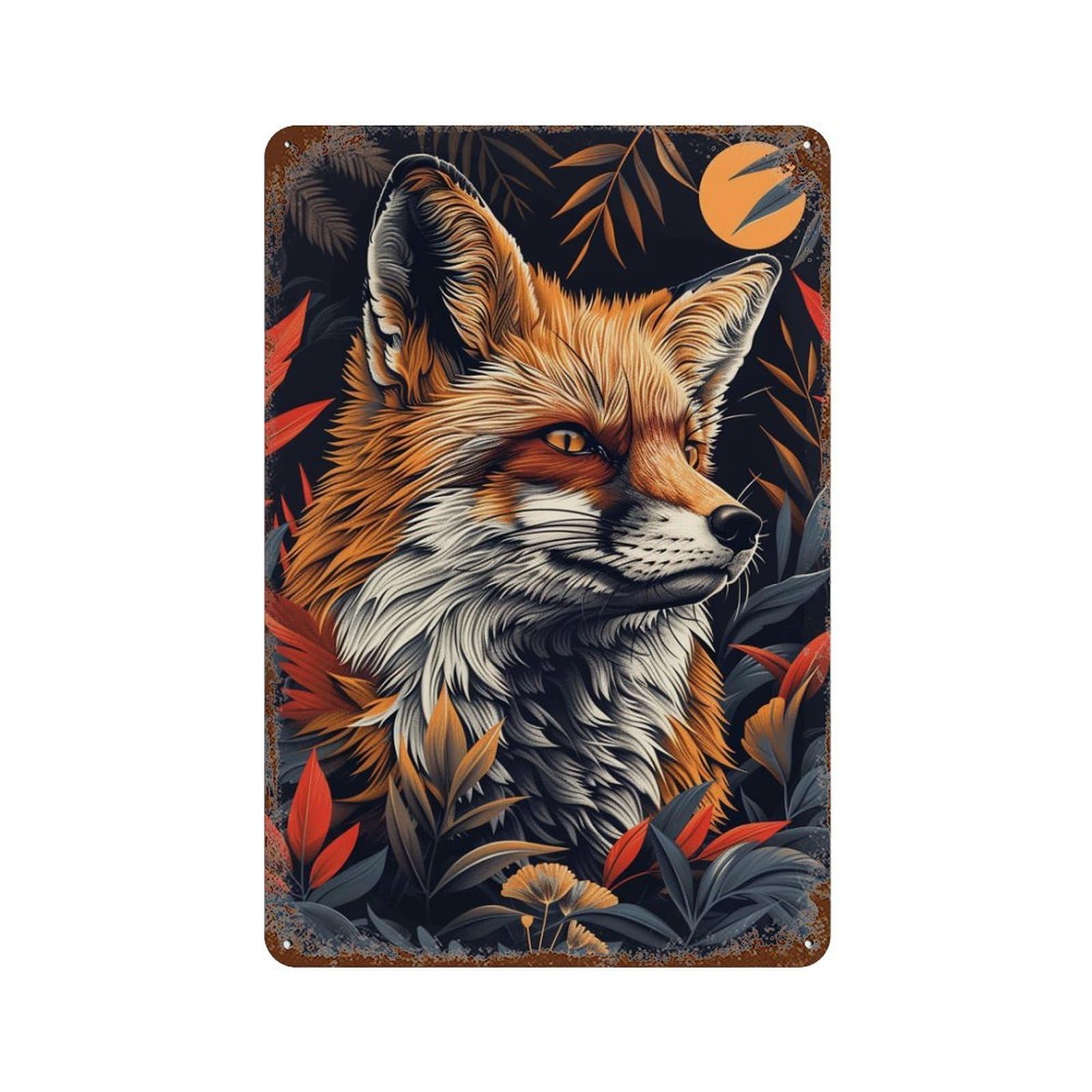 Fox in The Jungle 11.8"x7.9" Rust Effect Tin Sign, Old School Wall Decor for Pub, Kitchen And Man Cave Decor
