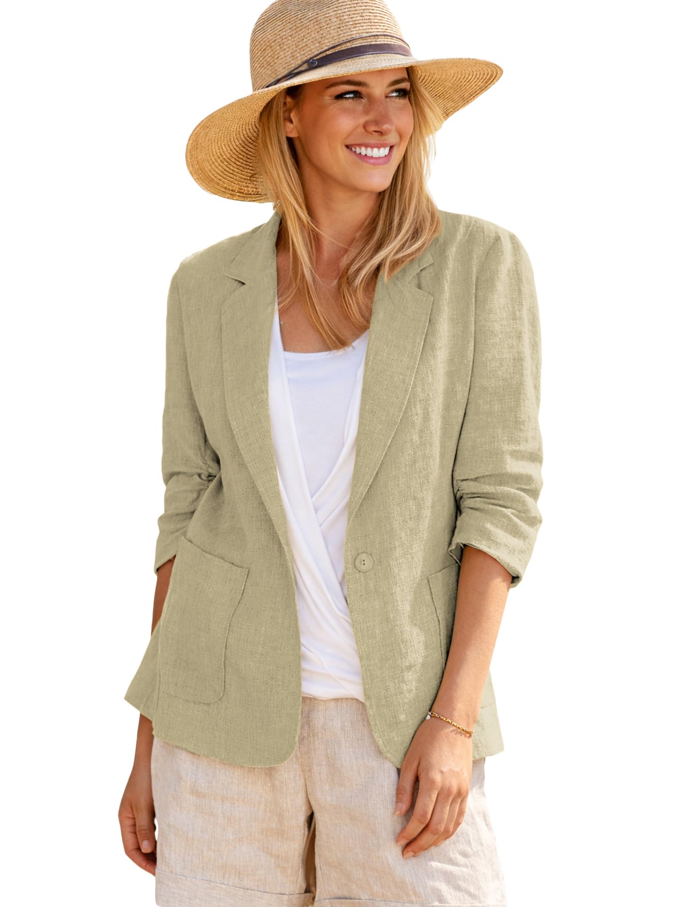 Mina Self 2026 Summer Women’s Linen Blazer Jacket - Lightweight Breathable 3/4 Stretchy Ruched Sleeve Casual Work with Pocket