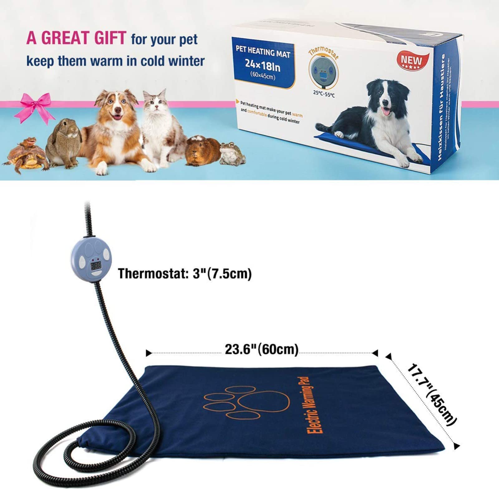Haustier-Heizkissen, Elektrisches Heizkissen Erwärmung Hund Pad Konstante Temperatur Heizung (45X60cm) 75W Wasserdichte Anti-Beiß-Decke Für Hunde Cats-Blue
