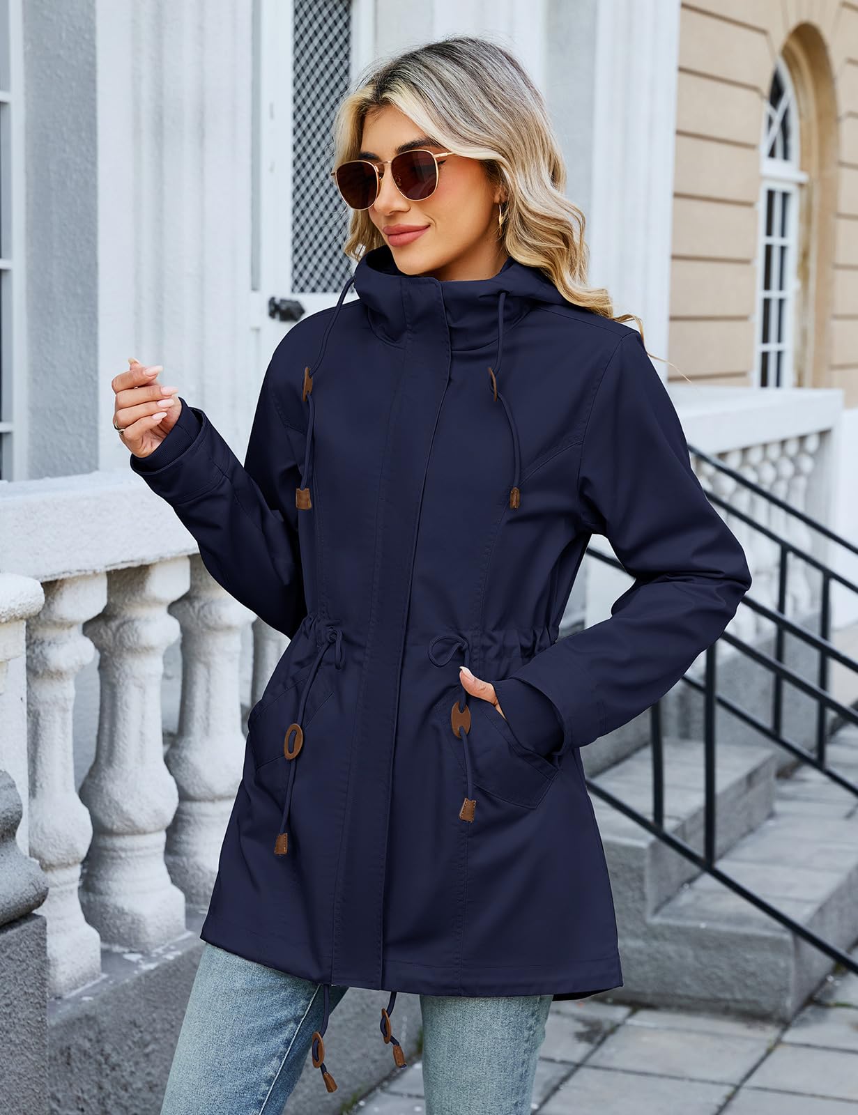 Vancavoo Übergangsjacke Damen Leichte Herbstjacke mit Kapuze | Frühjahrsjacke mit Kordelzug, Reißverschluss, Rippbündchen und Taschen für Frühling und Herbst