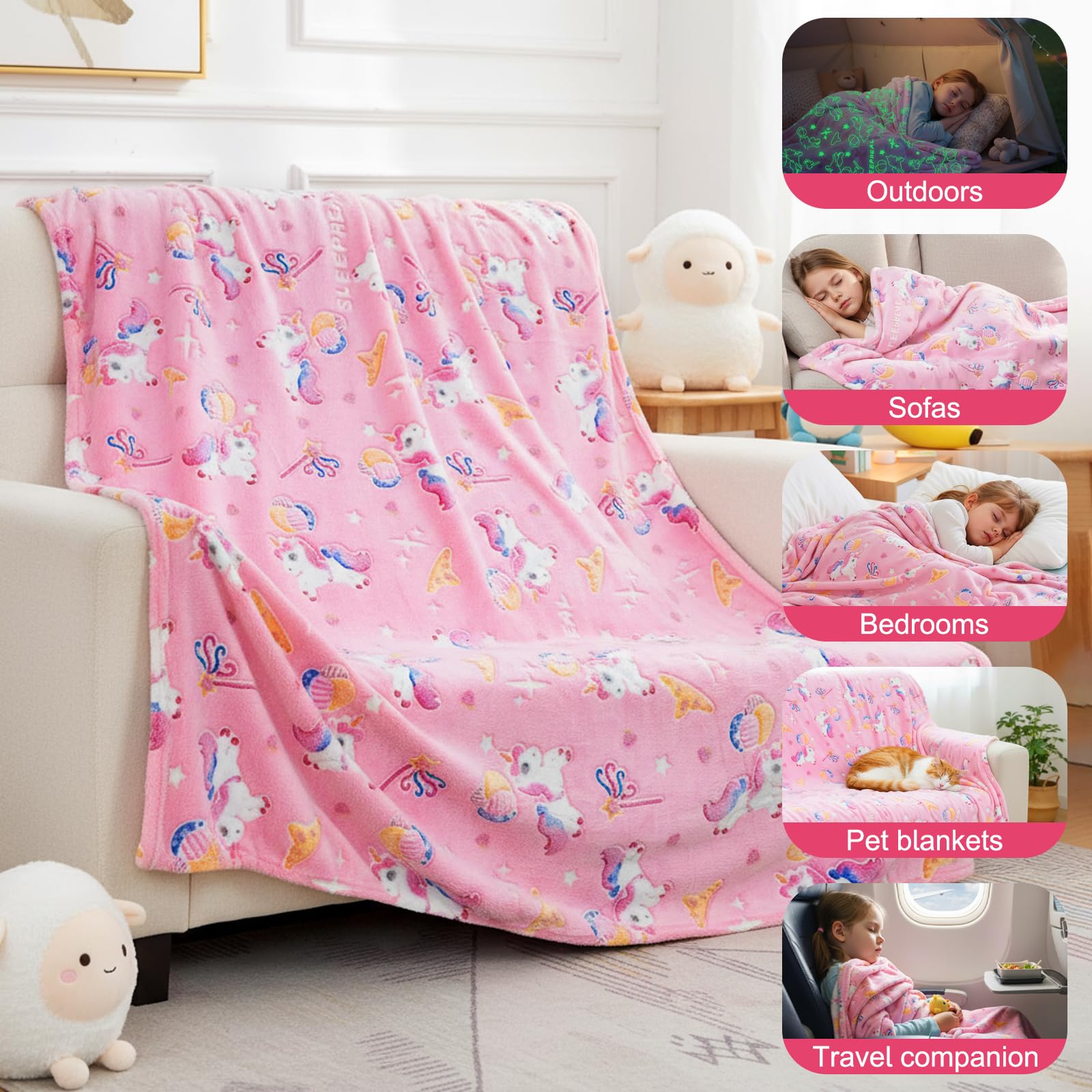 Coperta con Unicorno per Ragazze, Coperta Divertente Flanella con Che si Illumina al Buio per Bambino dai 2 ai 12 Anni, Caldo Plaid Rosa Singolo per Divano Soggiorno Camera da Letto, 150x200cm