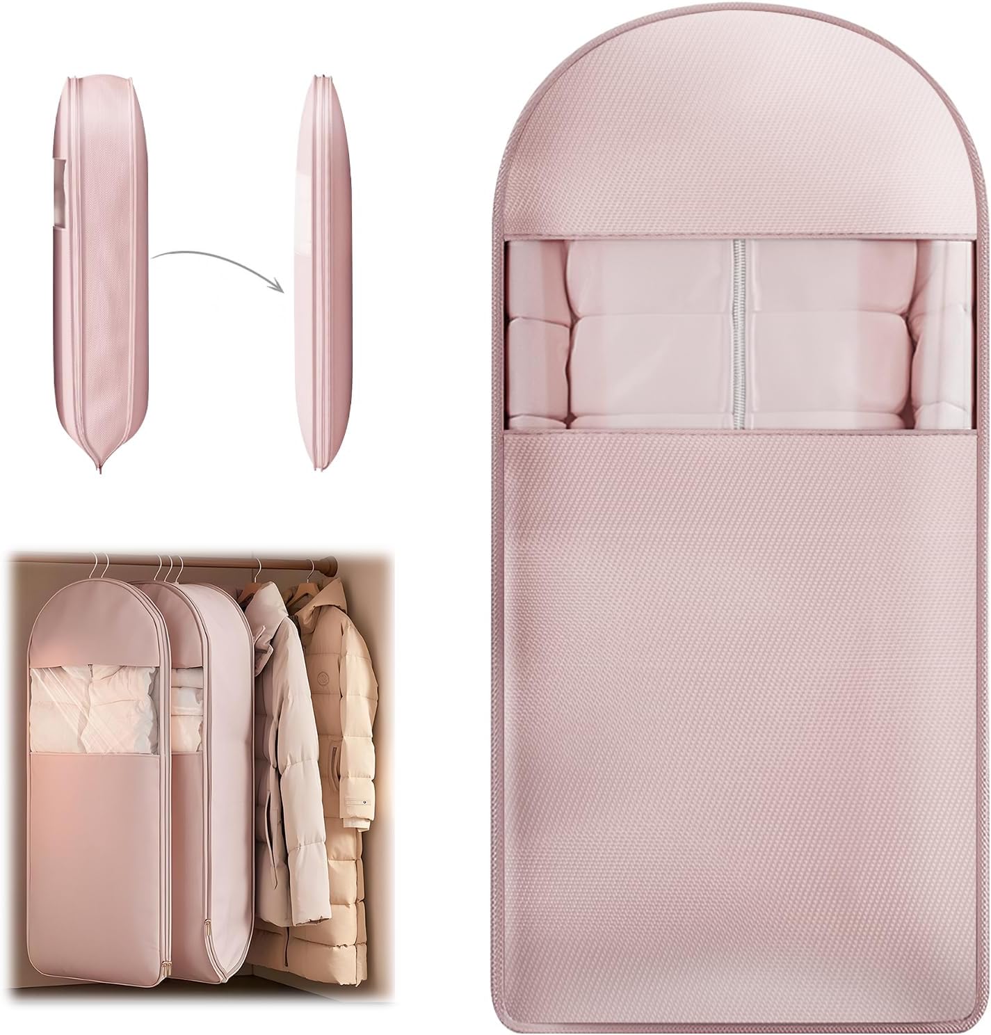Space Saving Hanging Garment Bag with Self Compression Zipper,Clear Garment Bag for Hanging Clothes,Dust Cover Clothes Bags for Down Coat,Suit Bags for Closet Storage,Hanging Protector for Coats X-Large Pink