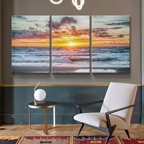 Miniatura 25 de Denozer - Lienzo decorativo de 3 paneles para decoración del hogar, mar azul, puesta de sol, blanco, playa, pintura, impresión sobre lienzo, paisaje
