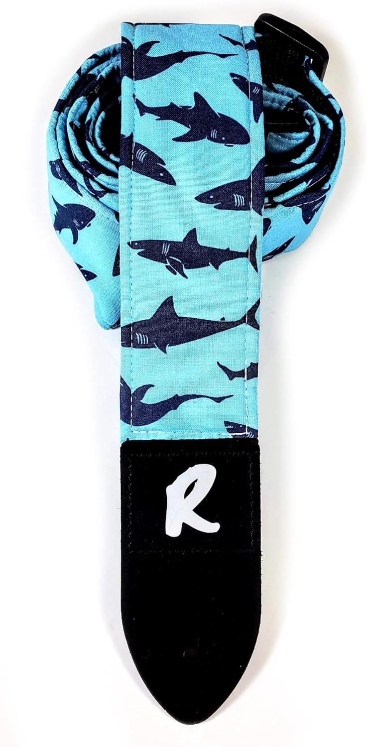 Blue Shark Guitar Strap - Ocean, Genuine Leather Ends, Includes 2 Strap Locks & 1 Pick. Adjustable Strap, Pick Pocket, For Bass, Electric & Acoustic Guitars Gift for Guitar Players Men, Women & Kids