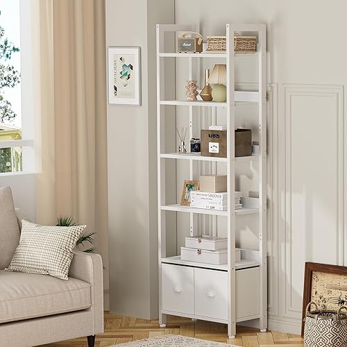 Miniatura 7 de Furologee Estantería blanca de 6 niveles con cajones, estantería alta de 71 pulgadas con estantes, organizador de almacenamiento moderno de madera y