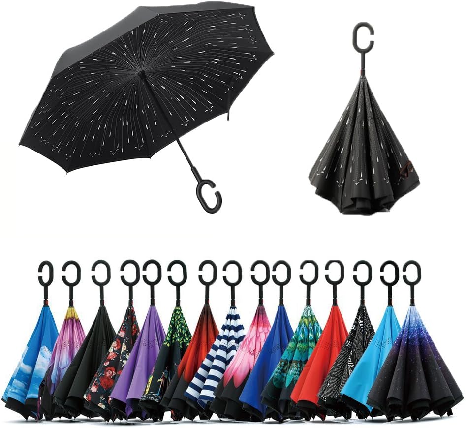 JooayouJooayou Double Layer Inverted Umbrella, C Shape Handle Reverse Folding Umbrella, Anti-UV Windproof Travel Umbrella with Carrying Bag