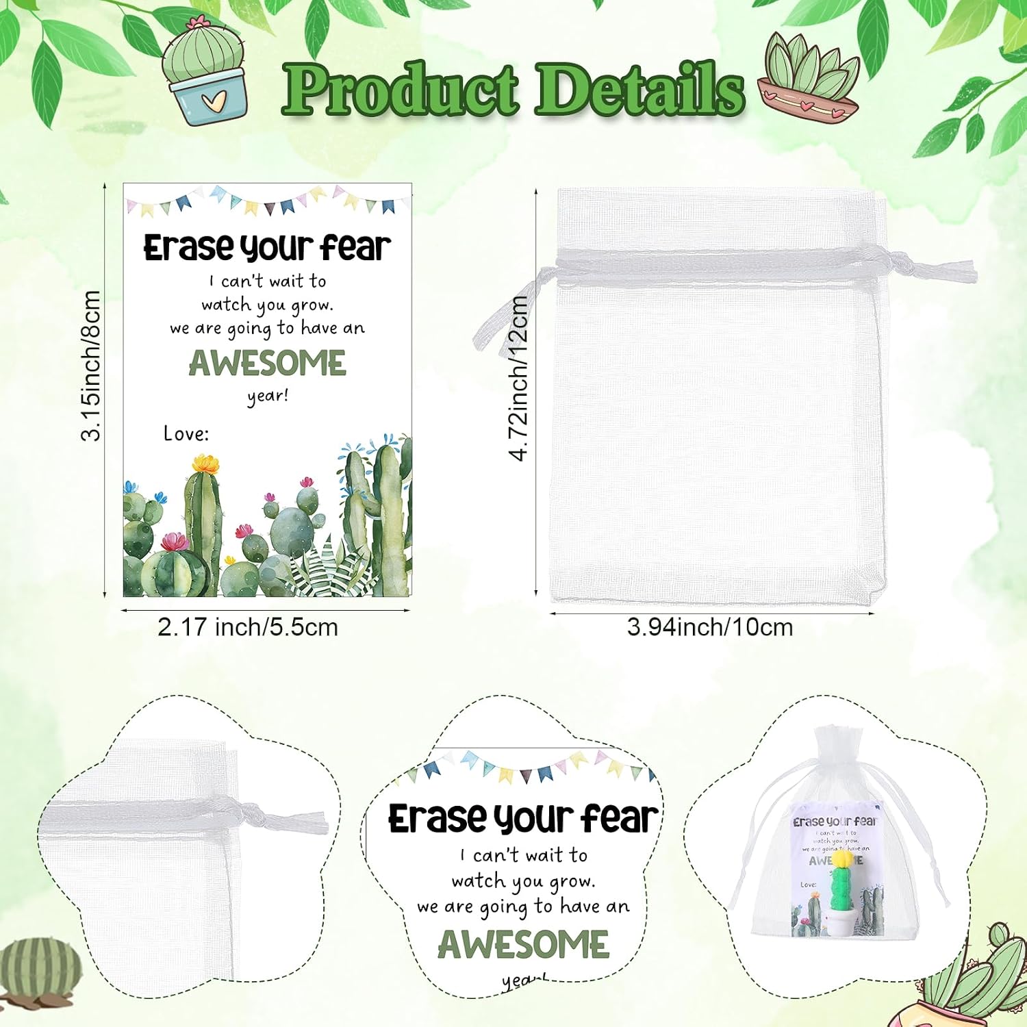Spakon 25 Set Inspirational Gifts Cactus Plants Shaped Erasers and Cards | 50 Cactus Erasers Bulk, 25 Erase Your Fear Cards, Welcome Back to School Gifts, Classroom Rewards for Student from Teacher