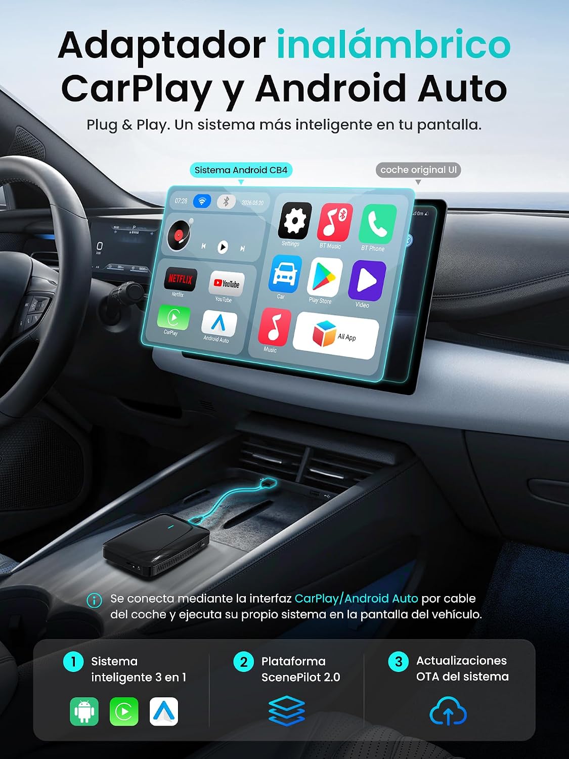 Adaptador CarPlay Inalámbrico Android Auto, AI Box CarPlay Video 3 en 1 para Cable OEM CP/AA, 4G+32G, Doble WiFi y Concentrador Bluetooth IoT, para Netflix/Youtube/TikTok, DriveChat AI Voice, CB4B 3