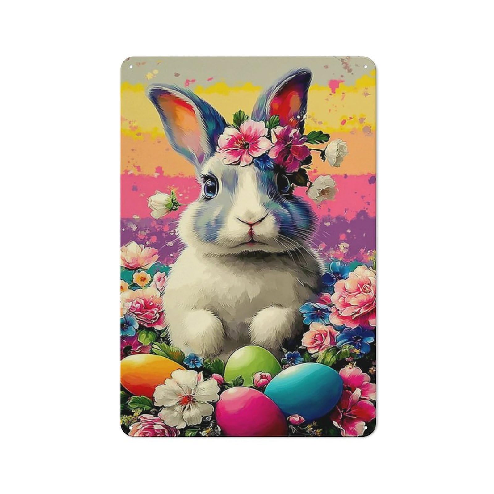 Junmoney Colorful Easter Bunny With Flowers Metal Wall Sign 30X20cm, Rustic Classic Pub Decor For Cafe, Pub, Workshop Or Home Bar