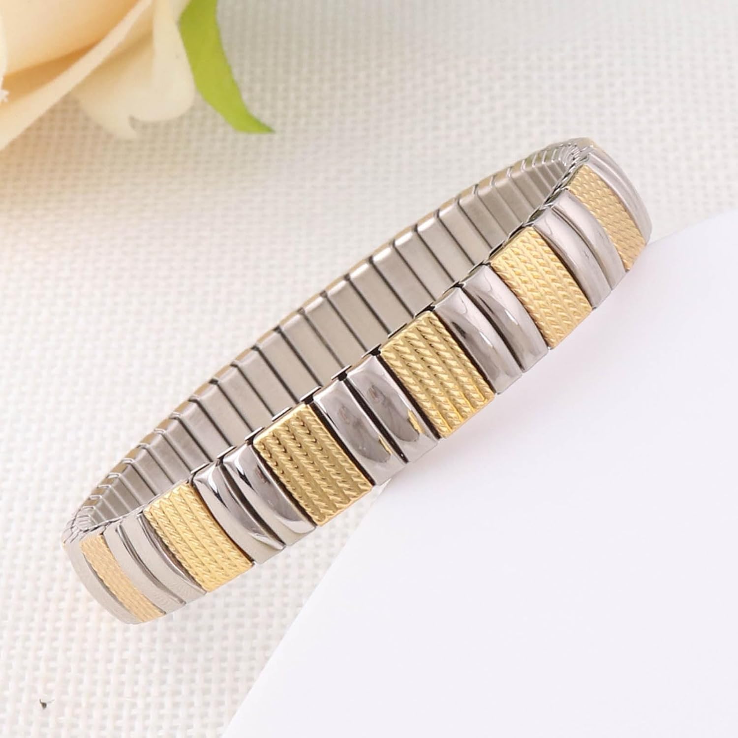 Elastic Bracelet Jewelry Stainless Steel Stretch Bracelet for Women, Flexible Wide Wristband Bangle Bracelets Decorated Golden Pattern - Image 4