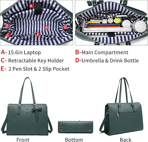 Vista 4 de Keyli Juego de 4 bolsas para laptop para mujer, maletín grande de cuero para laptop con puerto de carga USB, bolso de hombro para computadora