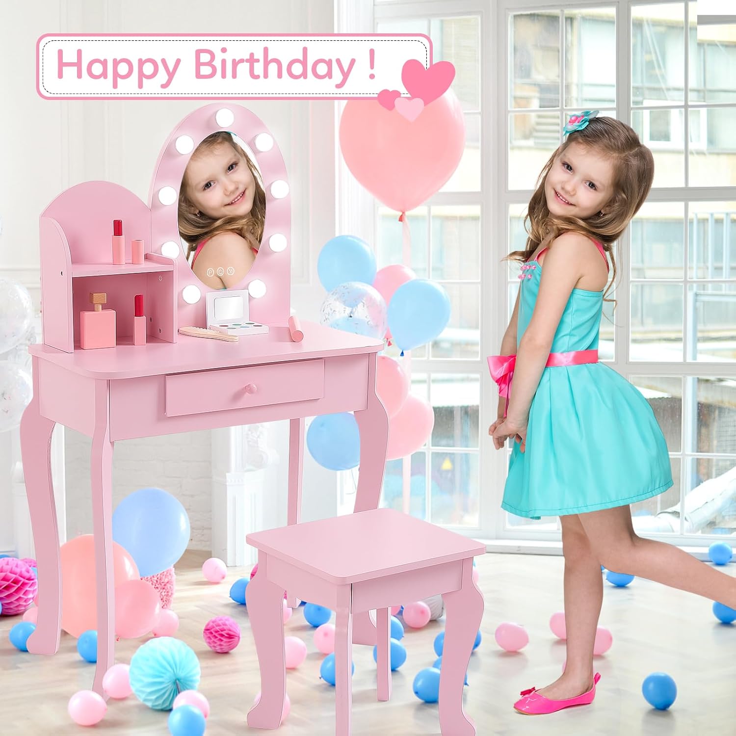 GAOMON Lighted Mirror Kids Vanity Set with Stool – Wooden Makeup Table for Girls, 3 Light Modes, Storage Drawers, Pretend Play Furniture for Toddlers Ages 4-9 – Pink