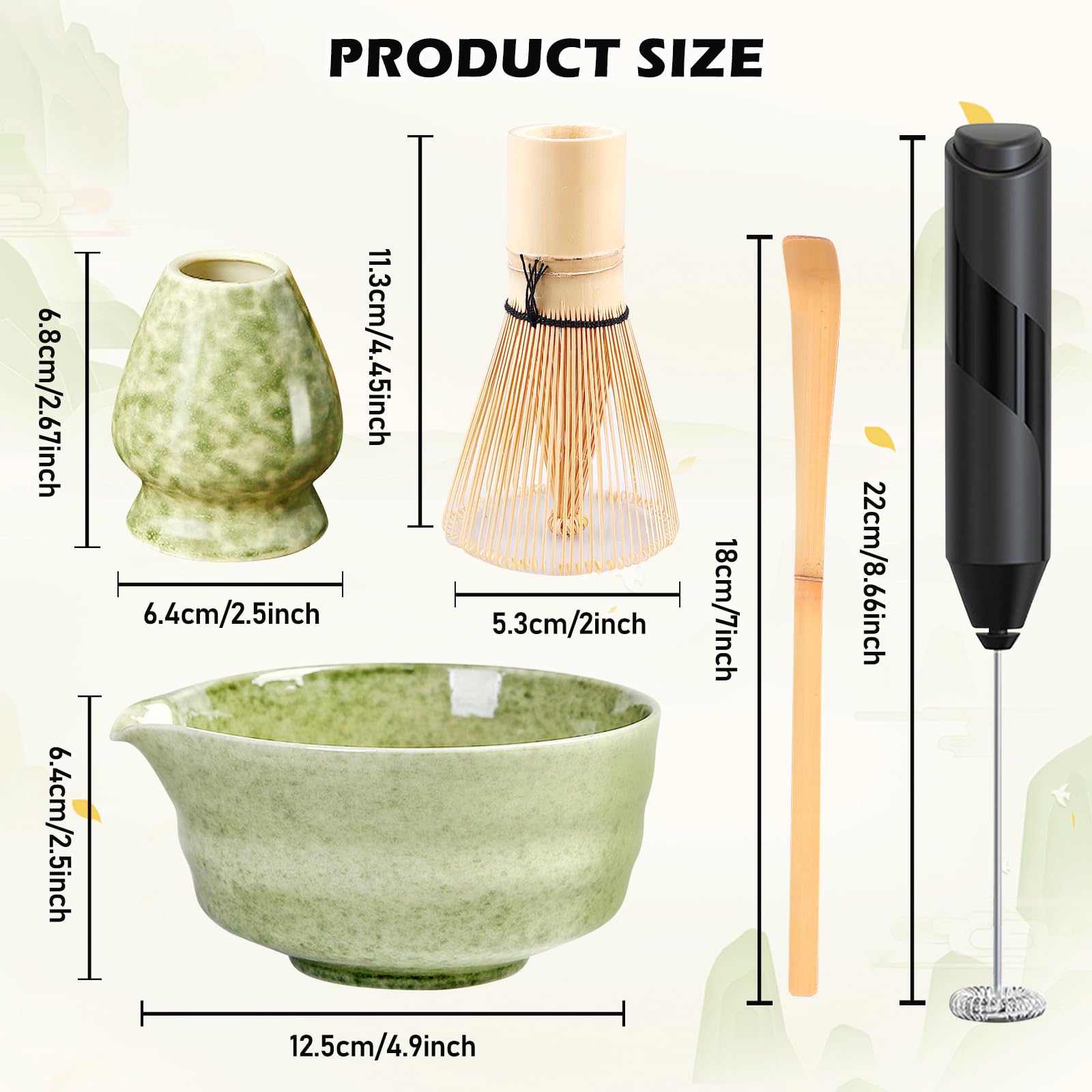 PORFOYO Matcha Set mit Elektrische Milchaufschäumer, 5 - teiliges Macha Tea Set, Matcha Tee Set, Matcha Besen Set, Enthält Matcha Schale, Matcha Bambus-Teebesen, Bambusschaufel, Schneebesenständer