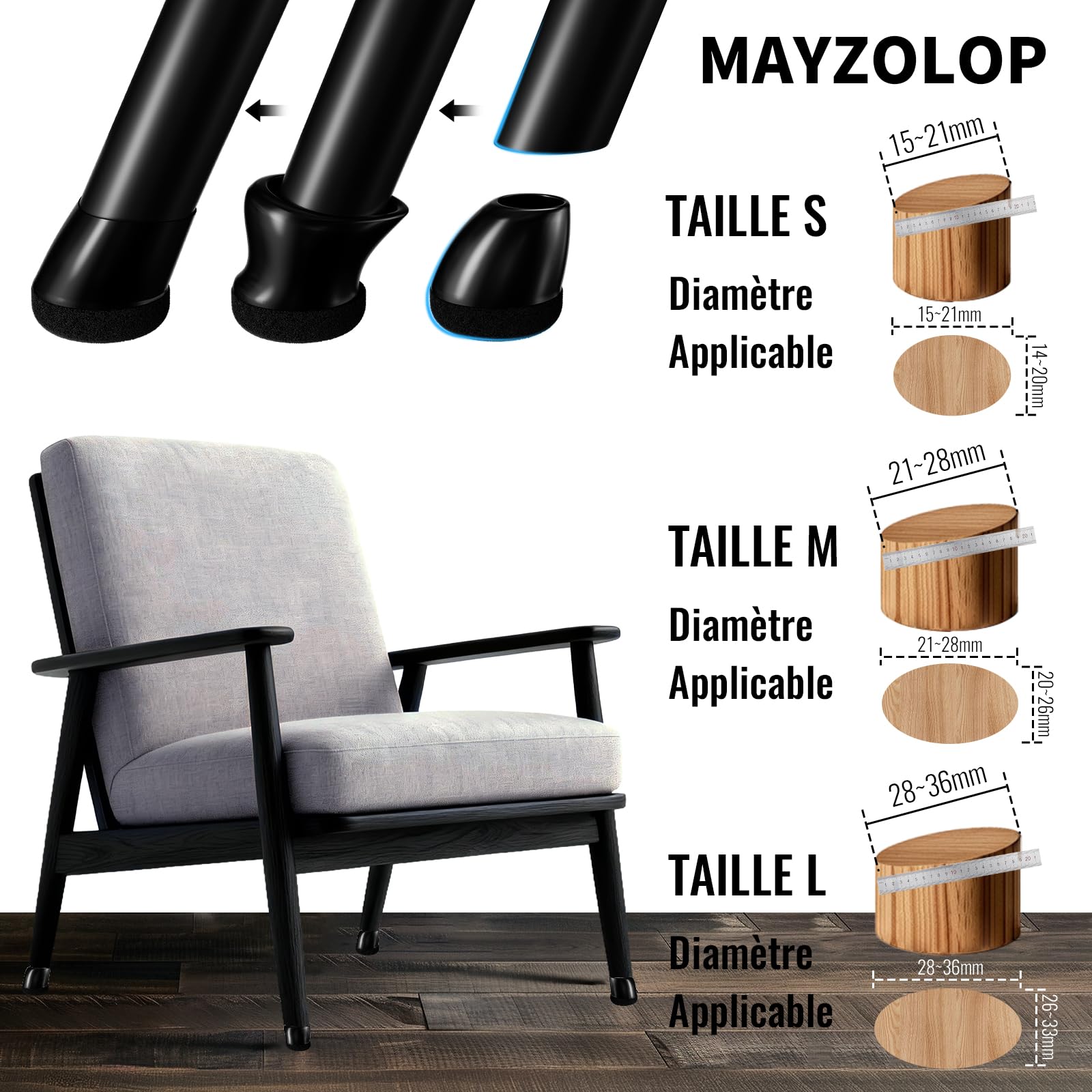 Tampon Chaise 16 Pièces, Ø14-20mm Protection Pieds de Chaise Rond - Patin Chaise Feutre Noir pour 15°-25° Pente, Anti-Bruit & Anti-Rayure Sol, Noir