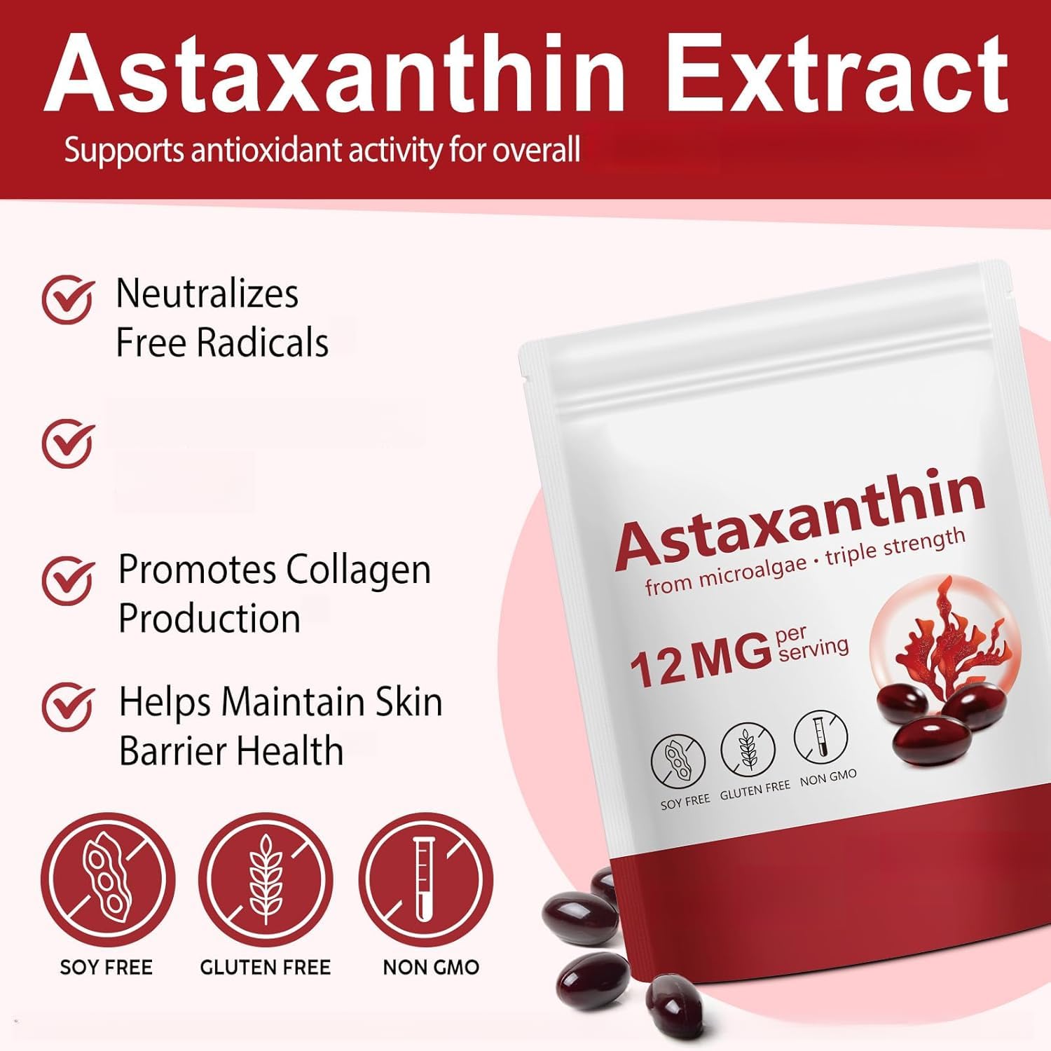Astaxantina Premium, Supporto Antiossidante per la Salute di Occhi, Pelle, Articolazioni e Circolazione, Senza OGM & Senza Glutine