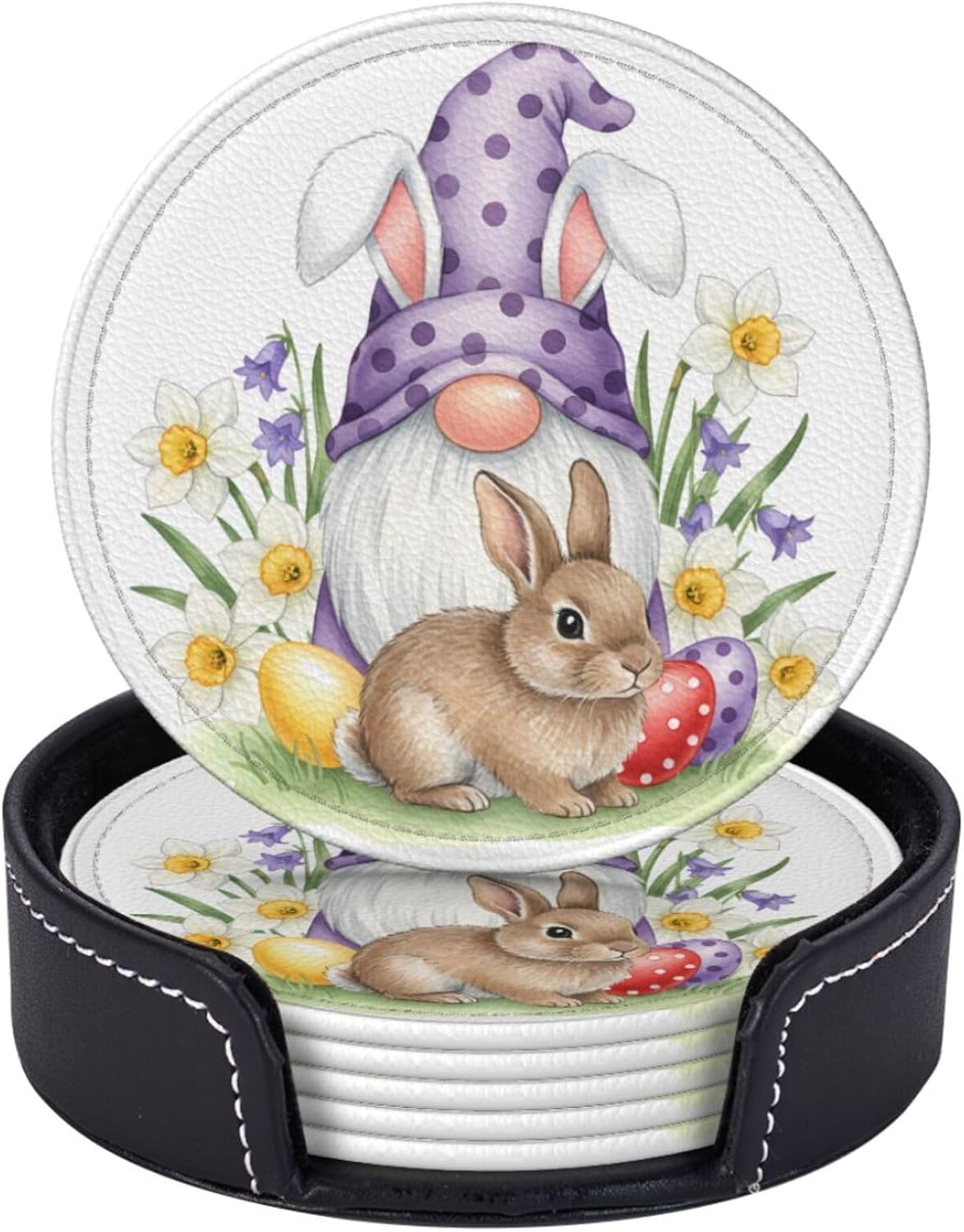 Coasters for Drinks Set of 6 Cute Gnome Eggs Floral Spring Home Decor Round Leather Drinks Coaster with Holder Heat Resistant Cup Mat Pad for Easter Party, Kitchen & Dining Table, 3.9 in