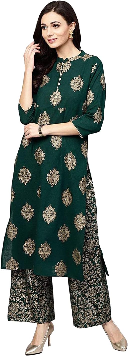 GoSriKi Women's Rayon Golden Foil Printed Straight Kurta & Palazzo