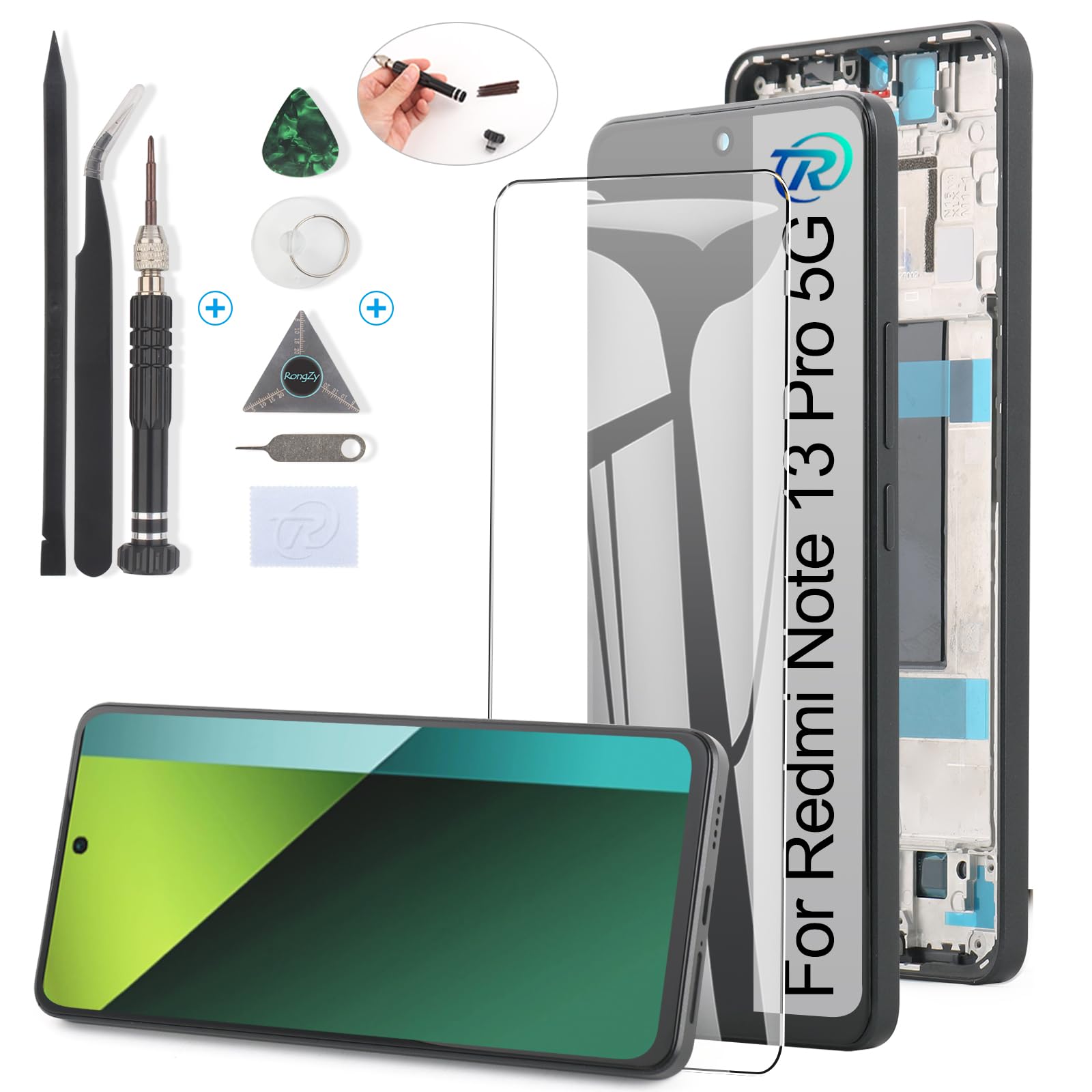 RongZy Pantalla para Xiaomi Redmi Note 13 Pro 5G LCD 2312DRA50 Táctil LCD de Repuesto Ensamblaje Digitalizador Reemplazo para Redmi Note 13 Pro 5G con Herramientas de Reparación (Negro con Marco)