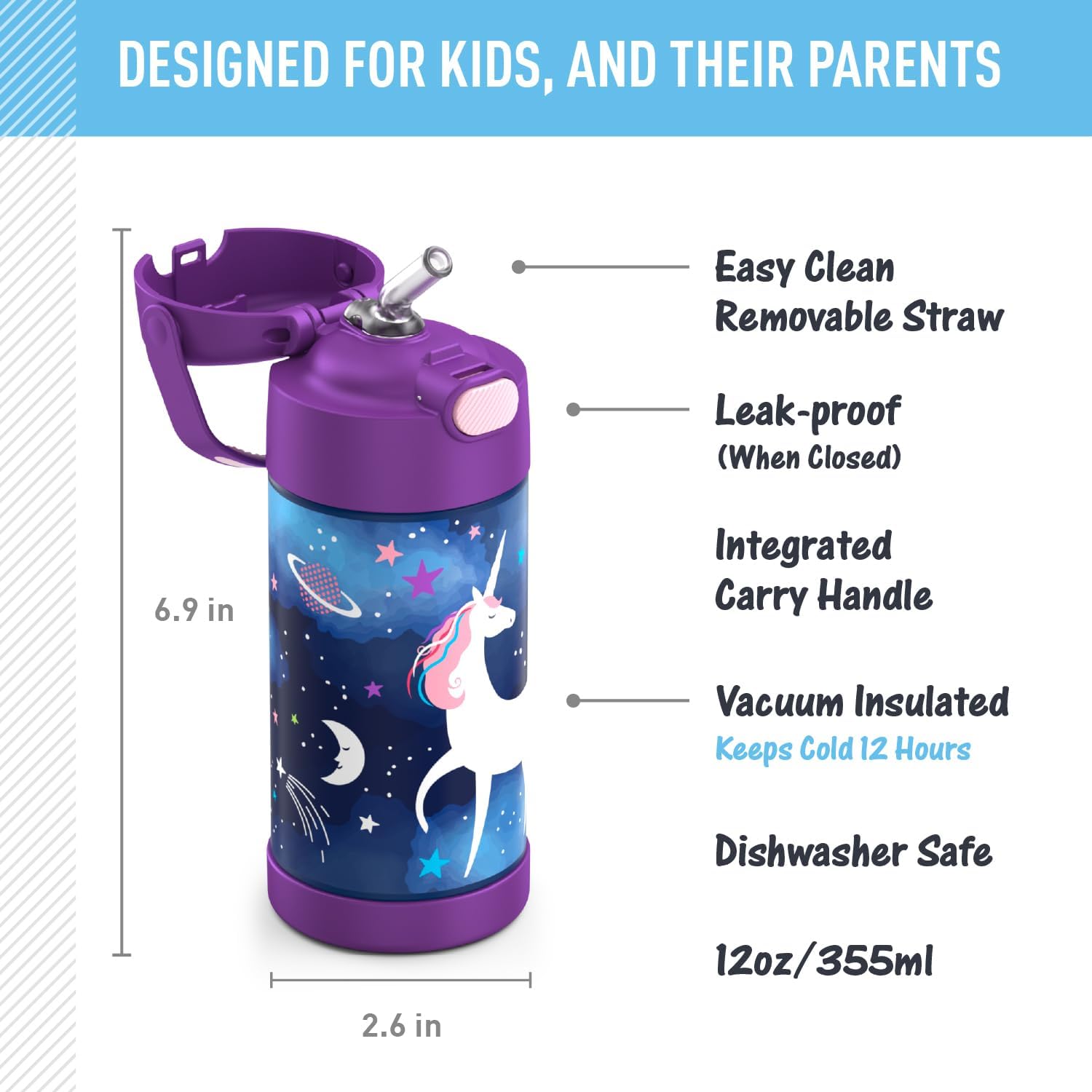 THERMOS FUNTAINER Water Bottle with Straw - 12 Ounce - Kids Stainless Steel Vacuum Insulated Water Bottle with Lid, Space Unicorn - Image 2
