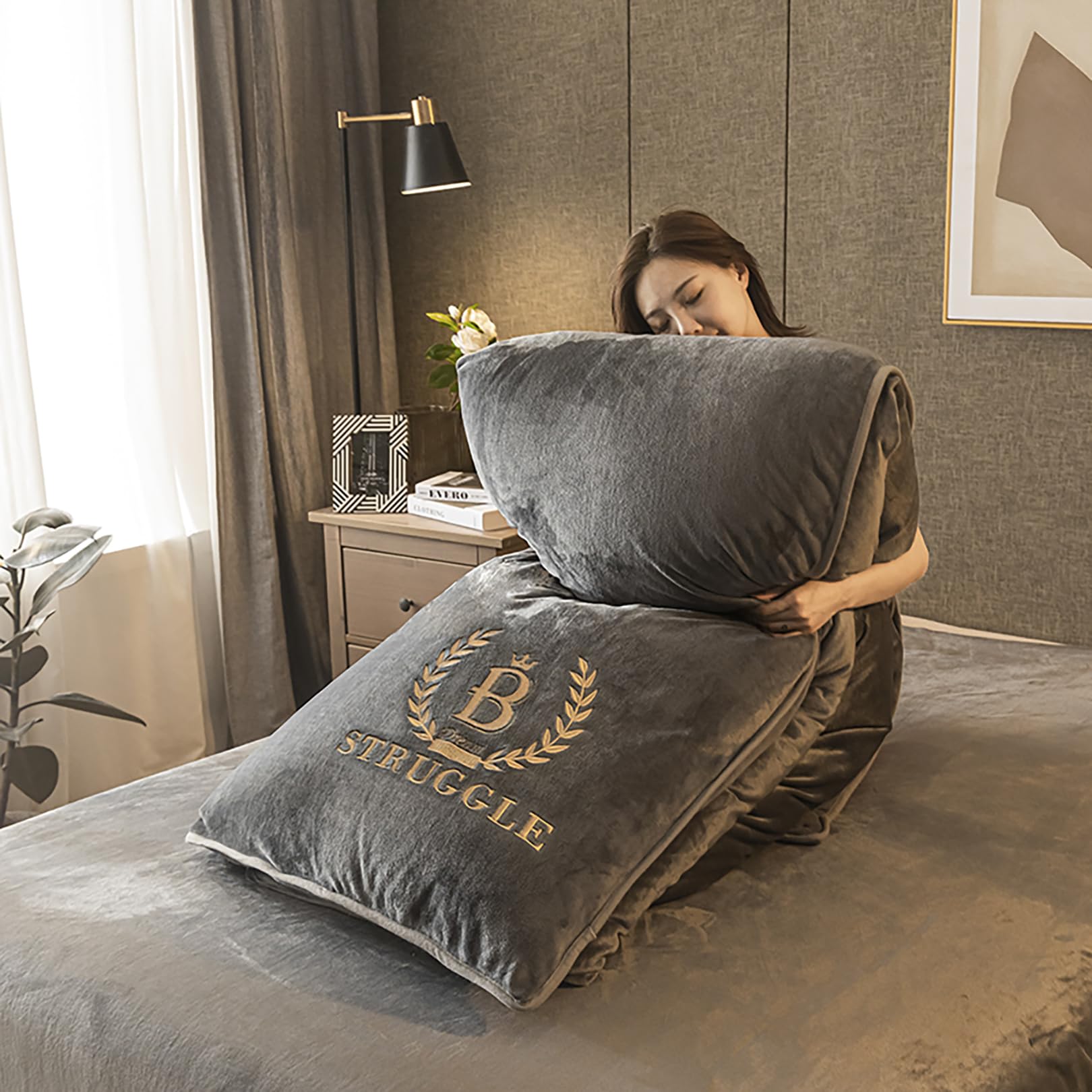 ALEjon "Acogedor Juego de Cama de Franela de Invierno - Tamaño Doble, Cierre de Cremallera, Tono Gris - Funda nórdica de 3 Piezas con 2 Fundas de Almohada - 220x240cm y 50x75cm