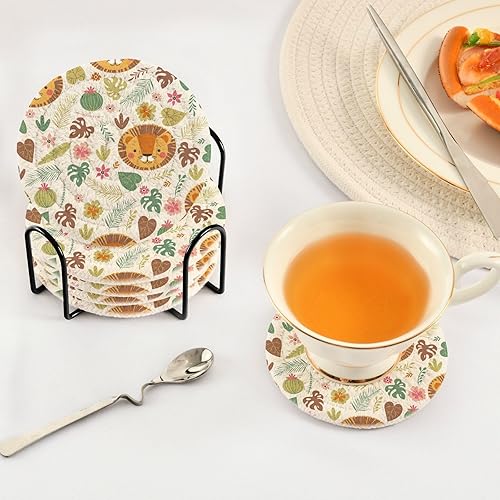 Miniatura 5 de Cute Lion Animal Tropical Plants Drink Cotton Coasters 4 Inch Set with Holder 6 Pack Absorbent Coasters for Drinks Absorbent Housewarming Gift Table