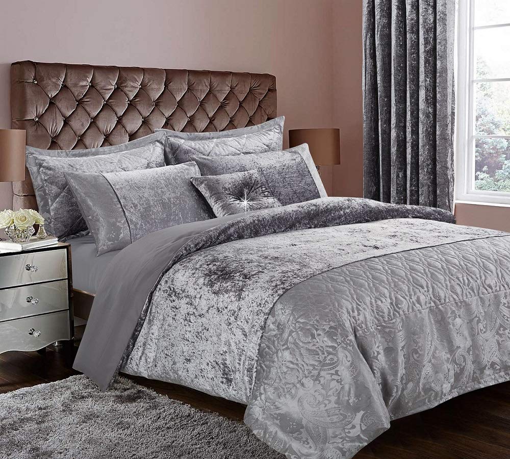 Thl Santiago-D/S-Silver 3 Piece Duvet/Quilt Cover Set Crushed Velvet Bedding Set With 2 Pillow Case (, King)