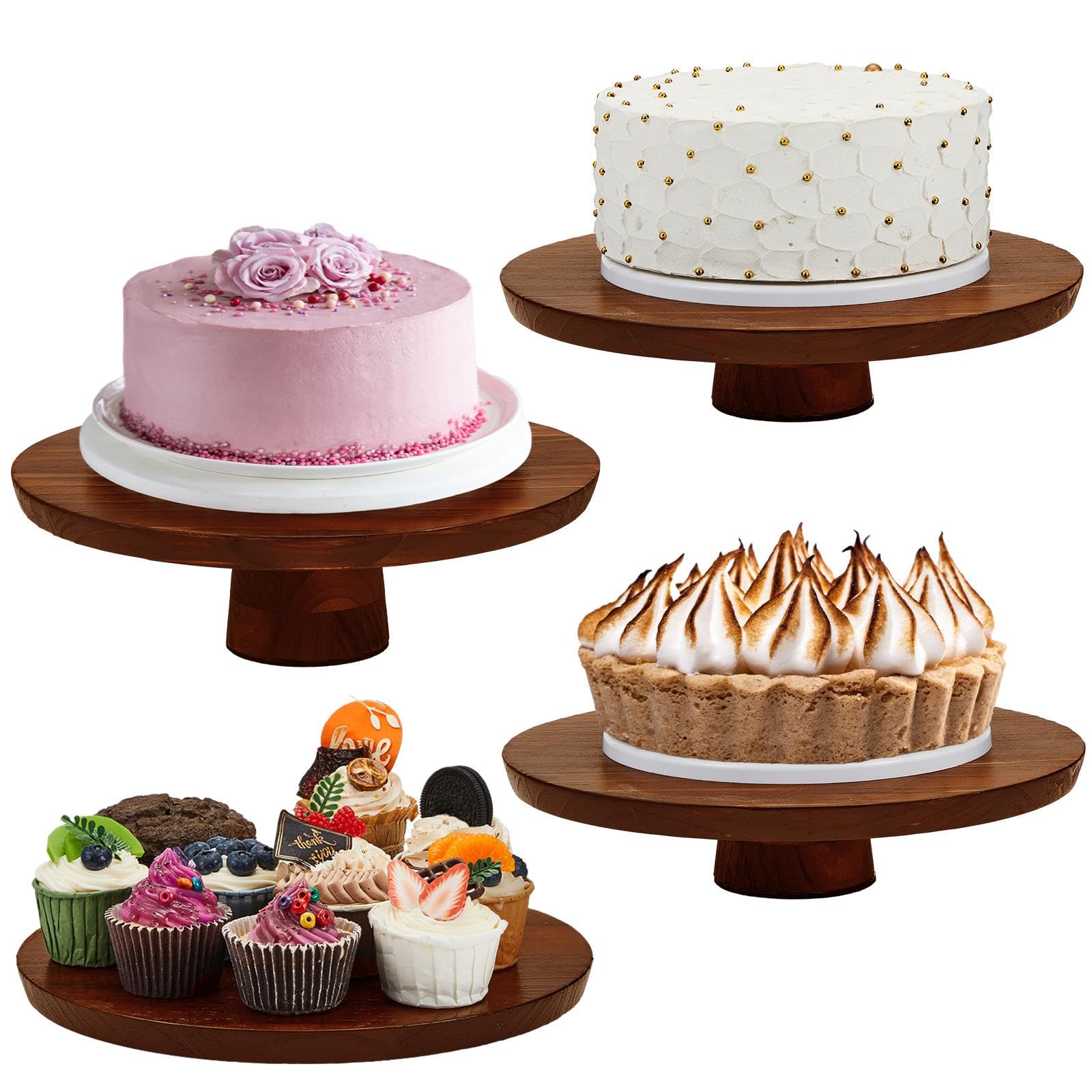 Photo 1 of Jinei 4 Sets Wood Cake Stand Rustic 12 Inch Rotating Cake Stand Food Round Risers Turntable for Party Cake Base Wood for Display Parties Weddings Restaurants Decorating Supplies