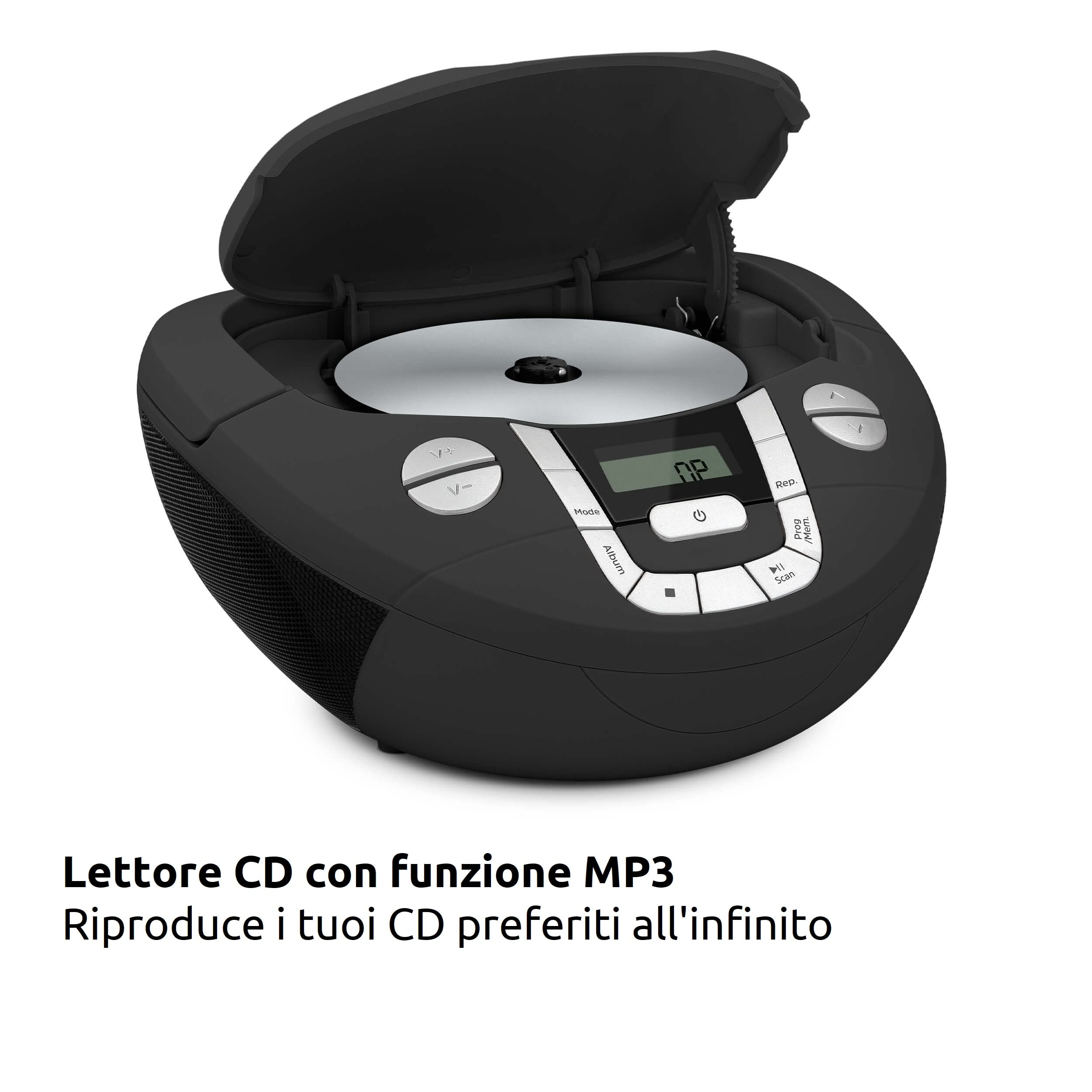 TechniSat VIOLA CD-1 - lettore CD stereo portatile con maniglia per il trasporto, boombox nera, sintonizzatore radio FM, ricezione Bluetooth, potenza di 2 x 1 W RMS, alimentazione a rete e a batteria