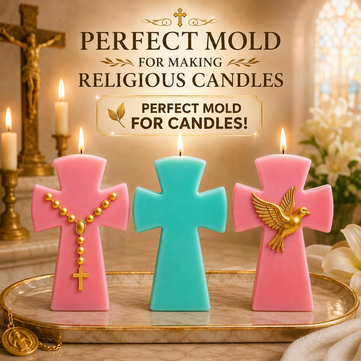 Cross Silicone Mold for Candles 3 Pieces Set, Silicone Mold for Wax, Resin & Soap, Cross Chocolate Mold, Religious Cross Mold for Baptism and Communion Gifts