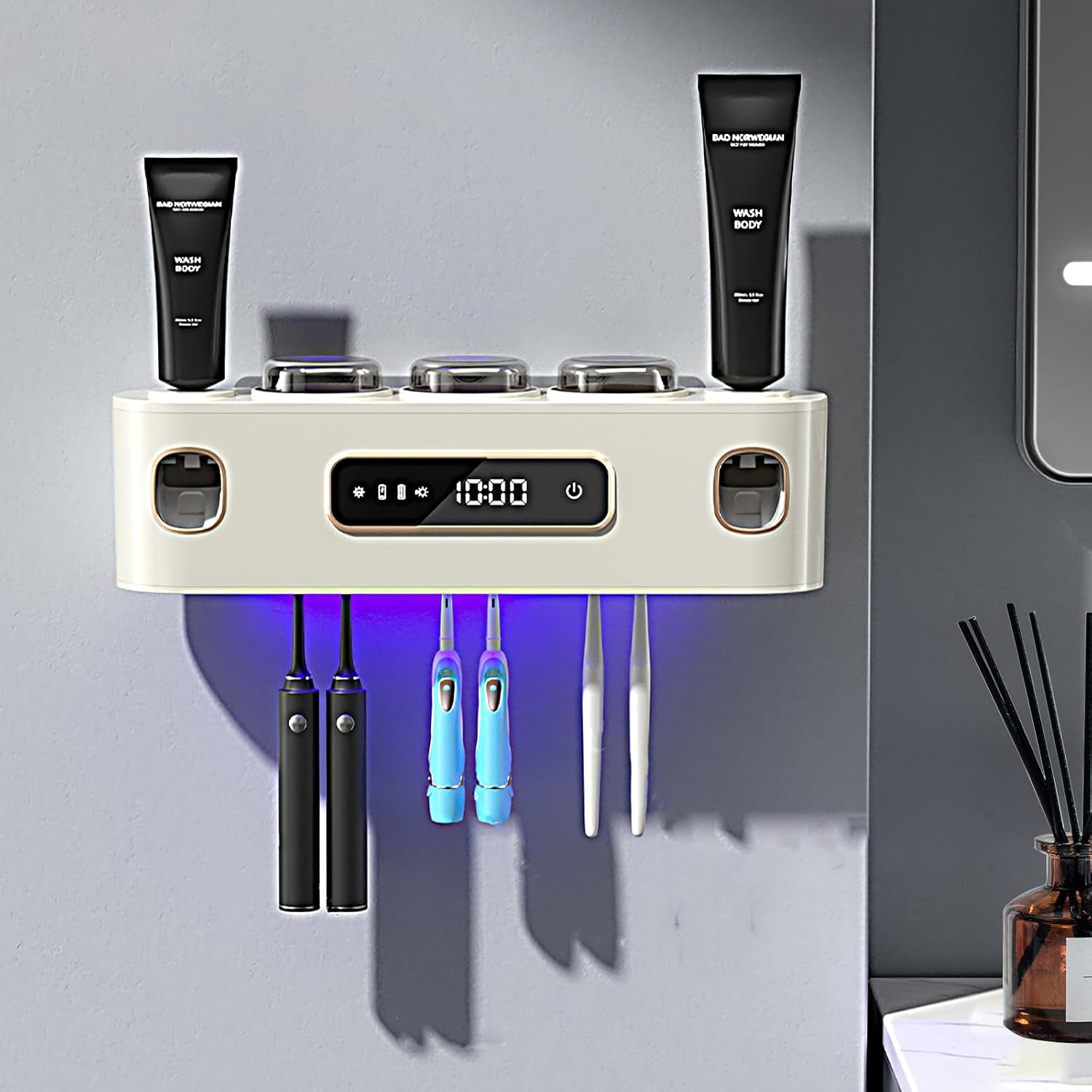 Rechargeable Toothbrush Holders for Bathrooms,Toothbrush Holder Wall Mounted with 3 Cups,Automatic Toothpaste Dispenser Bathroom Accessories Set (Grey)