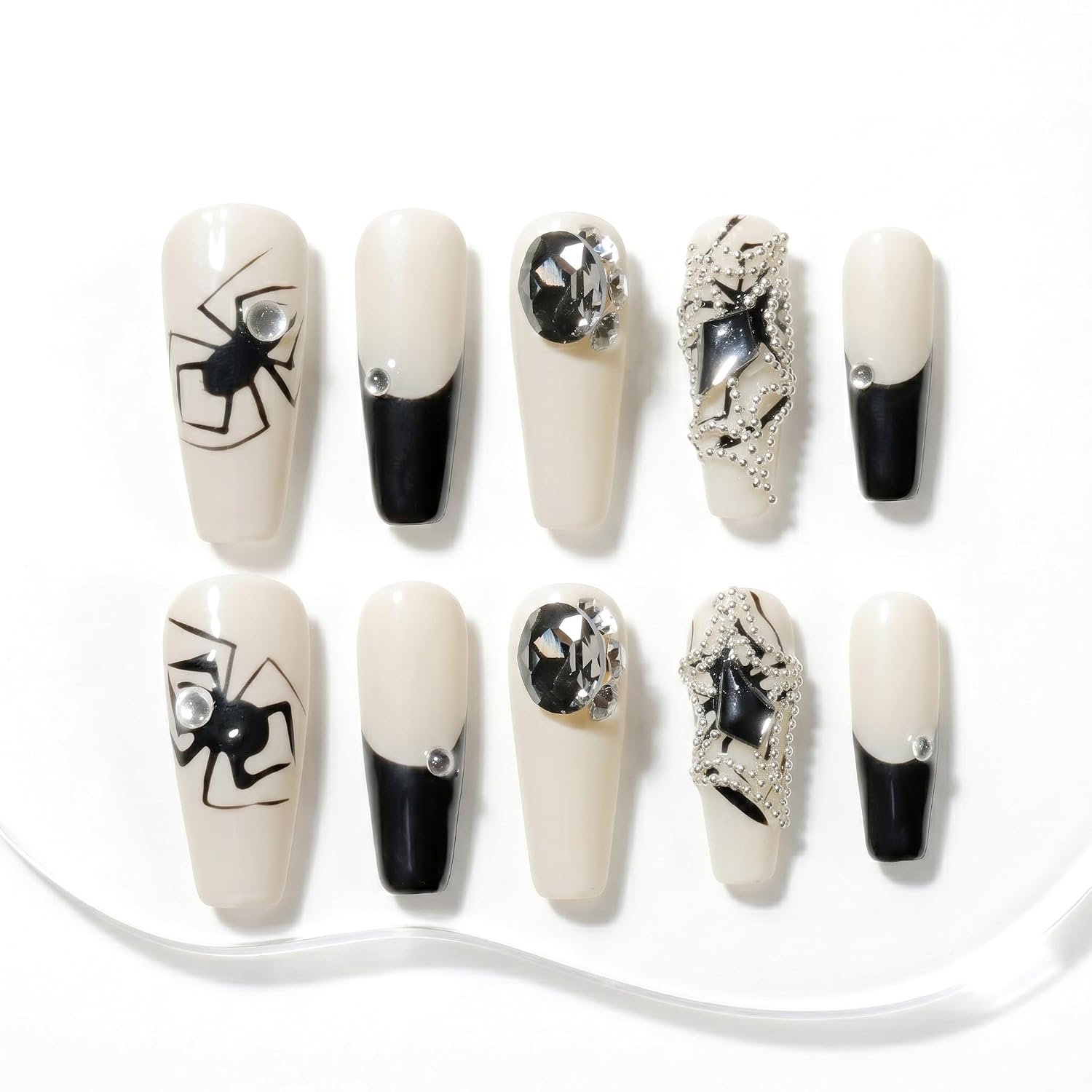 Sun&Beam Nails Handmade Press-on Long Coffin Ballerina Beige Black Halloween Spider Design False Nail Tips 10 Pcs (#133 L)