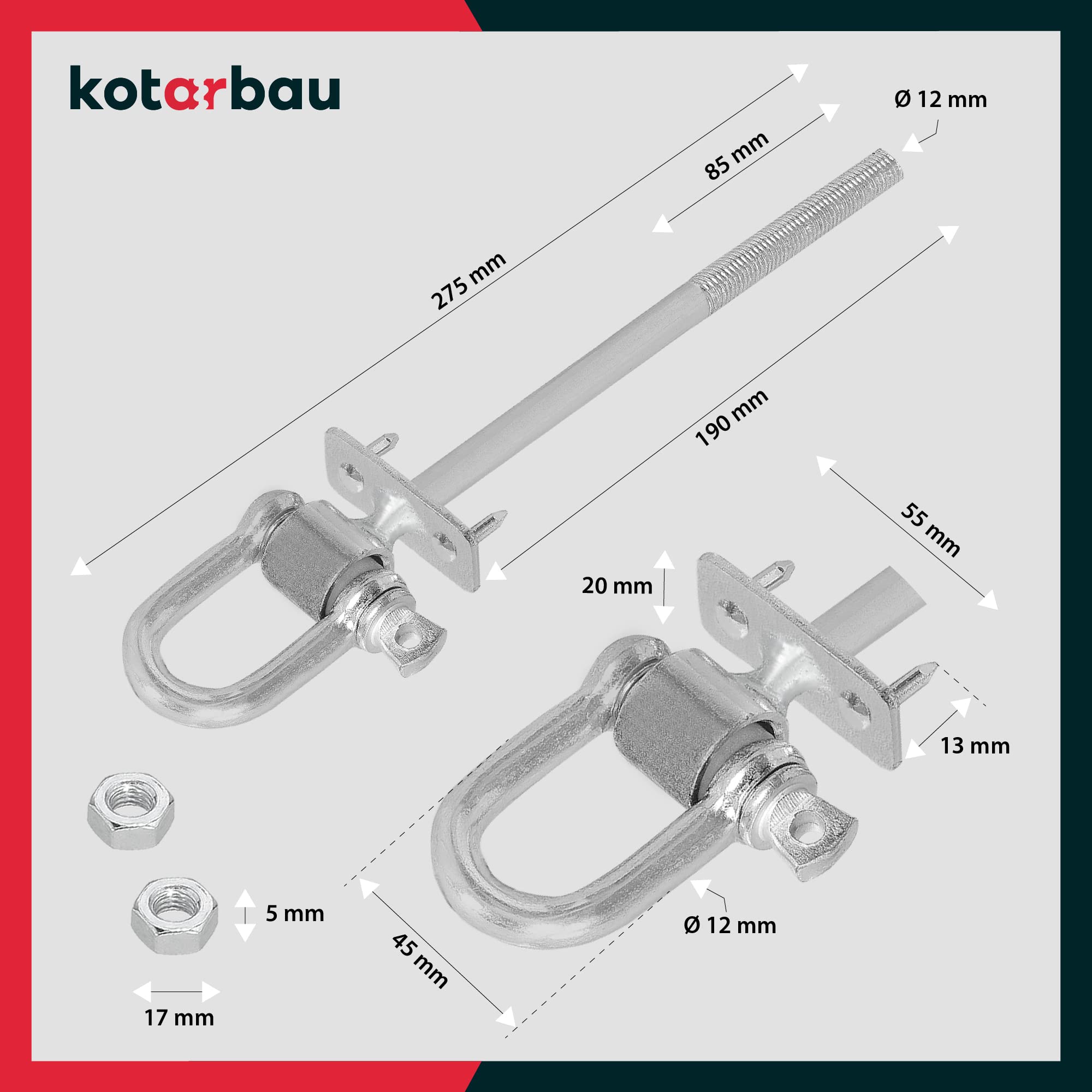 KOTARBAU® 2 pz Ganci Altalena - Acciaio Zincato - M12 x 190 mm - Argento - Gancio per Altalena Resistente - Gancio per Travi in Legno - con Dente - per Amaca - Sedia - Sospesa