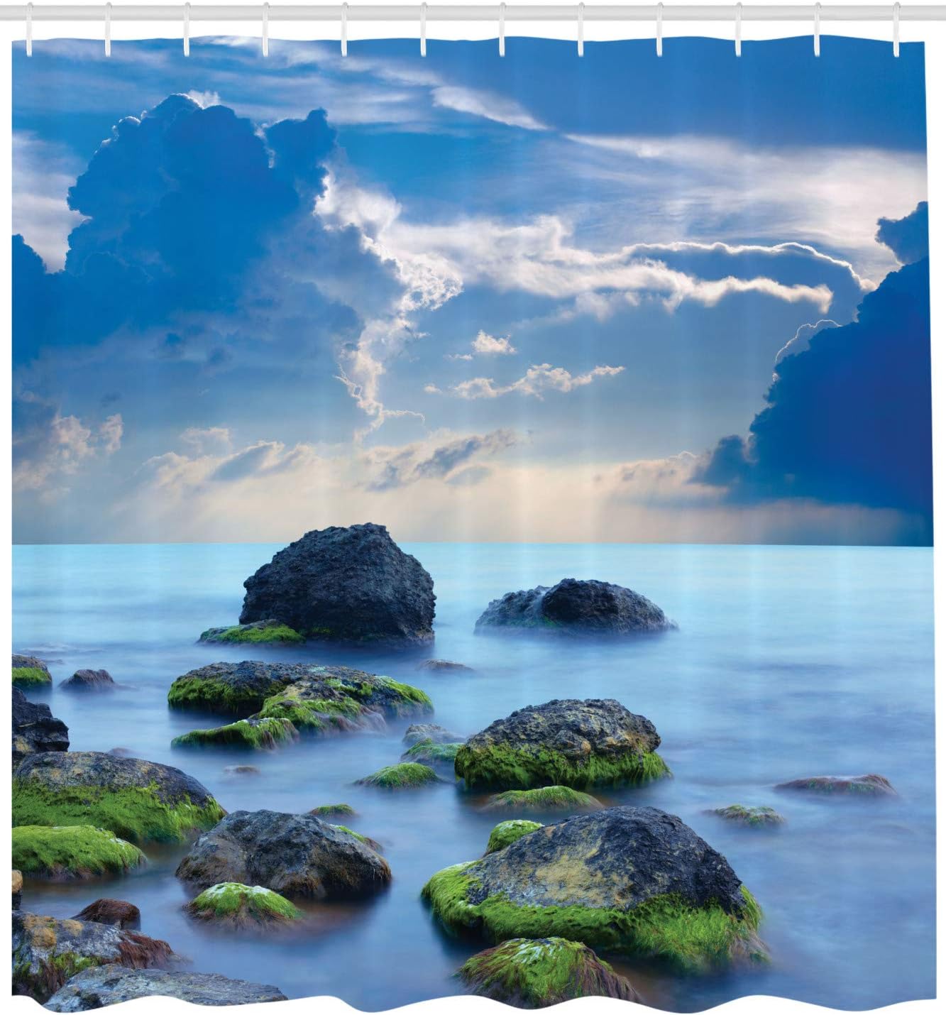 Ambesonne Beach Shower Curtain, Sea Stones on Seaside Caribbean Shore Photo Majestic Cloudscape, Cloth Fabric Bathroom Decor Set with Hooks, 69" W x 70" L, Blue Pale Blue Green