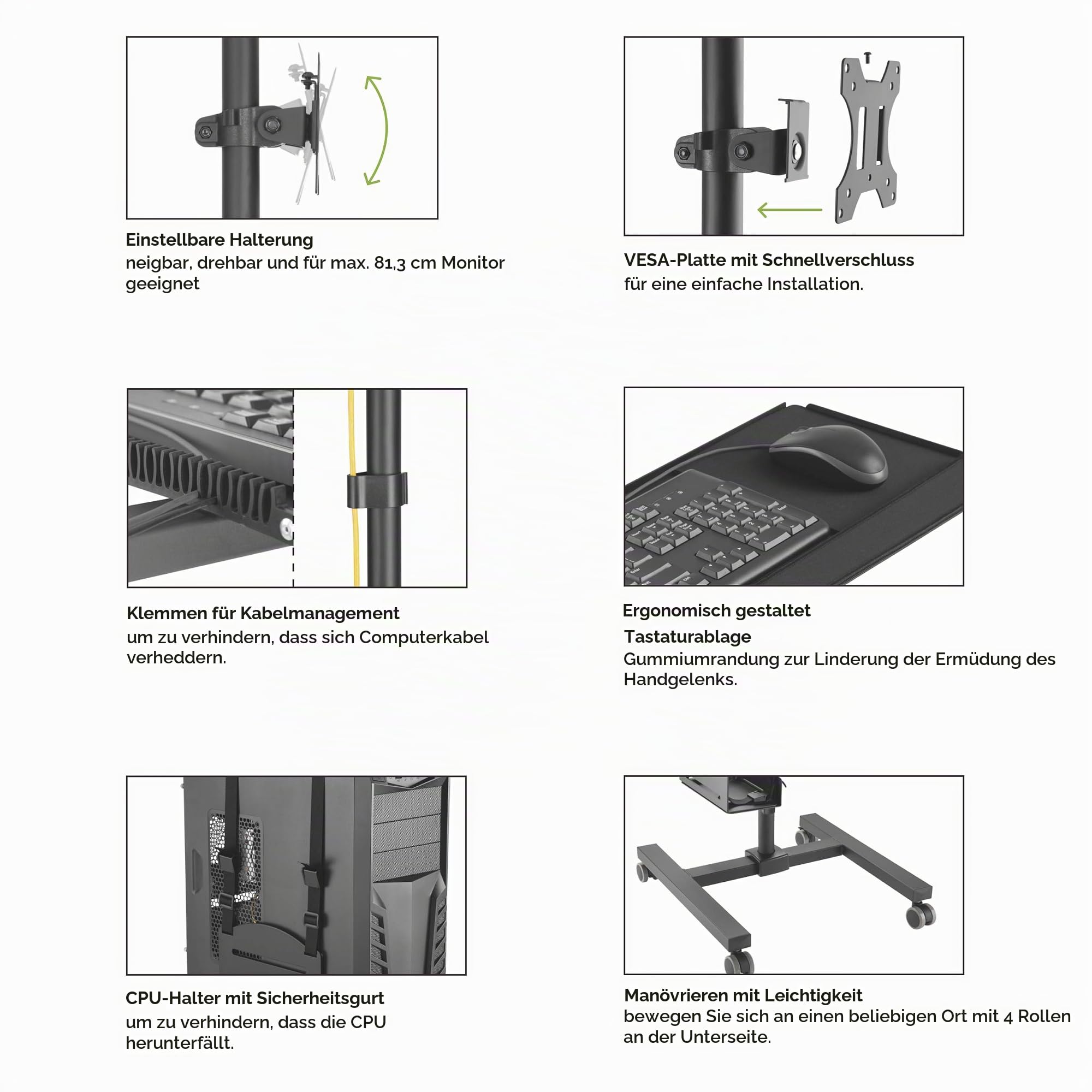 Maclean MC-793 Standfuß Rollwagen Trolley für Monitor, Tastatur und Computer | Höhenverstellbar | 17"-32" bis 20kg VESA 75x75, 100x100 | Stabile Metallkonstruktion mit Rollen (Schwarz)