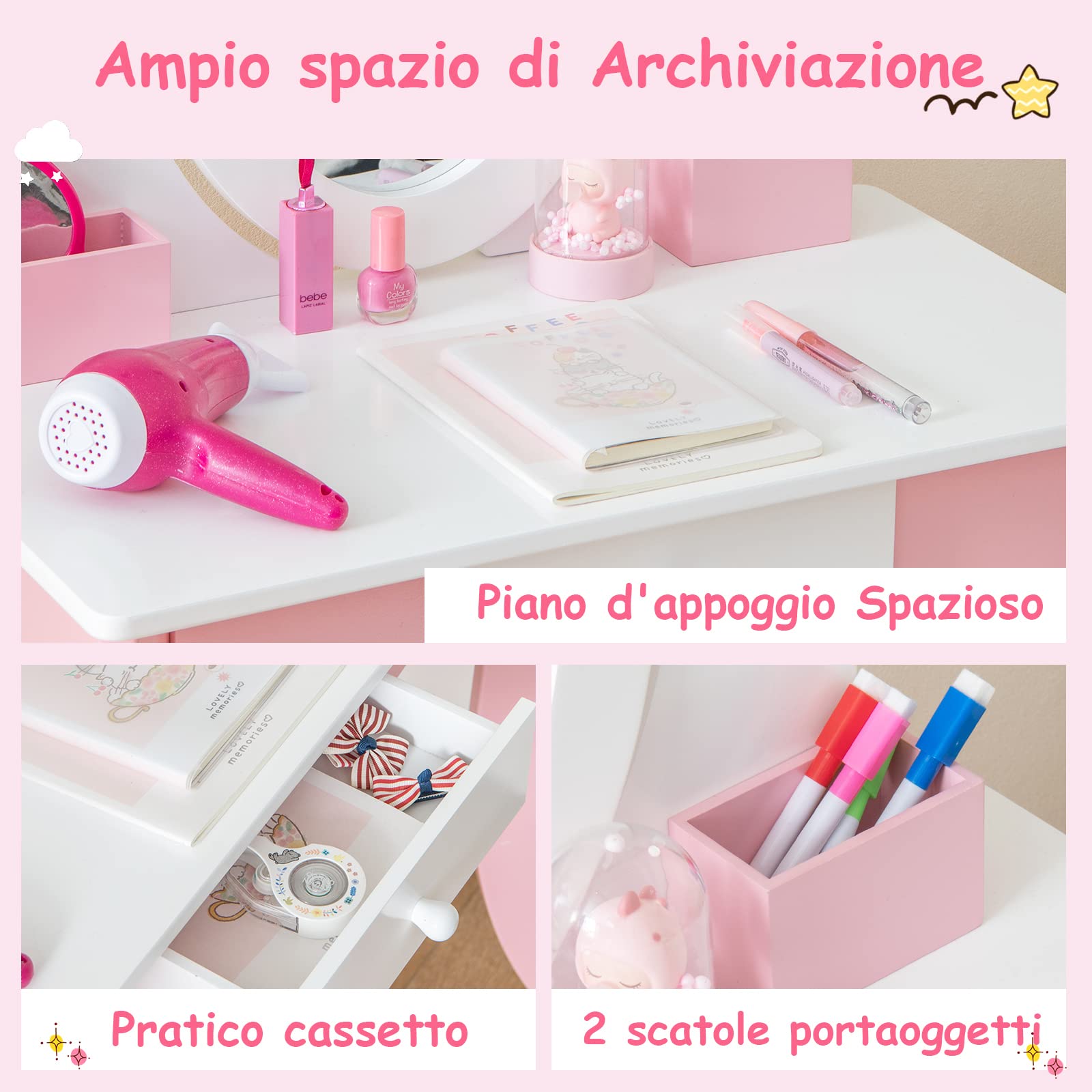 RELAX4LIFE 2 in 1 Toeletta Trucco per Bambini, Set Tavolo da Trucco per bambini, Specchio e Sgabello, Set di Vanità per Bambini da 3 a 7 anni
