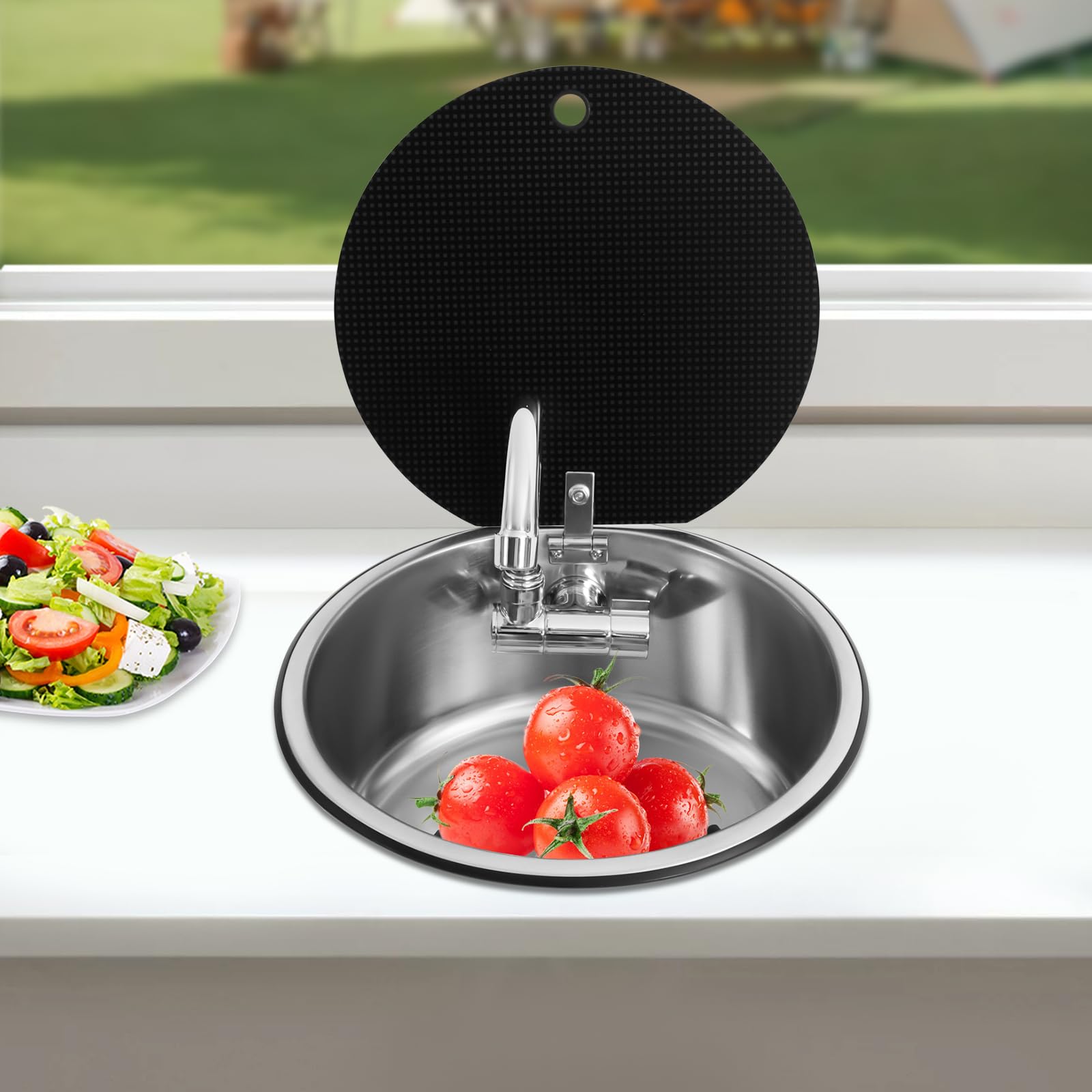 Fregadero de acero inoxidable 304 con grifo plegable y cubierta de cristal templado, 34 cm, para caravanas, yates y cocinas pequeñas, incluye mangueras de entrada y desagüe