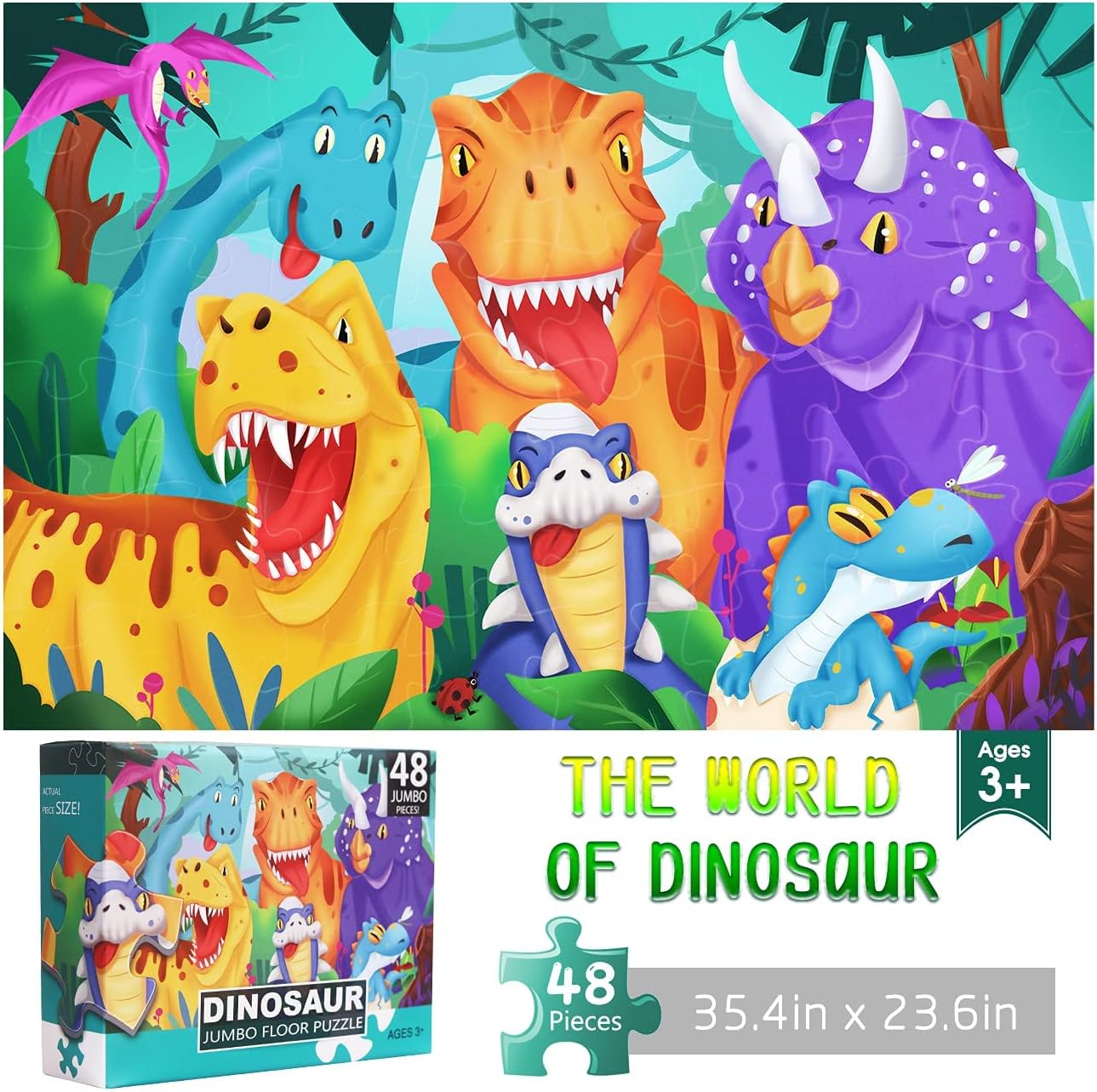 Jumbo Floor Puzzle for Kids Animal Dinosaur Jigsaw Large Puzzles 48 Piece Ages 3-6 for Toddler Children Learning Preschool Educational Intellectual Development Toys 4-8 Years Old
