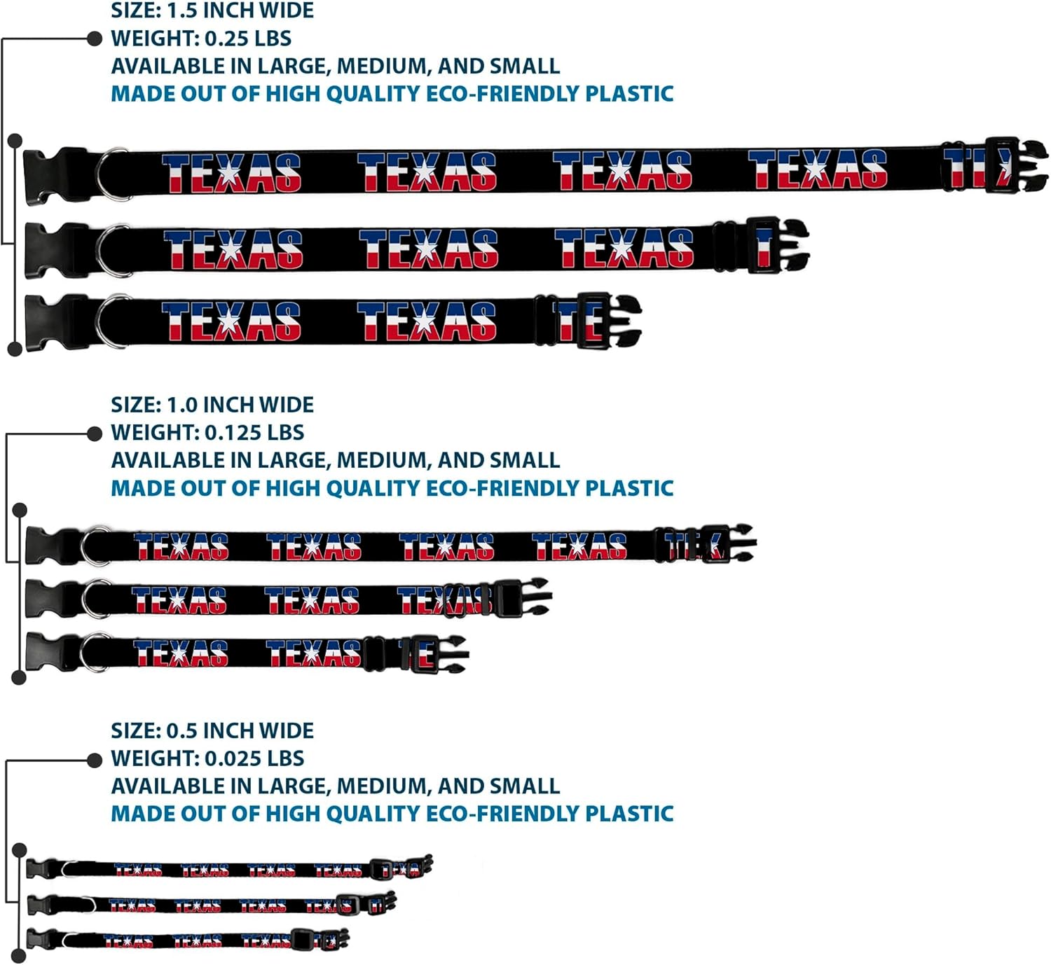 Buckle-Down Plastic Clip Collar - TEXAS w/Star Black/White/Blue/Red - 1.5" Wide - Fits 18-32" Neck - Large