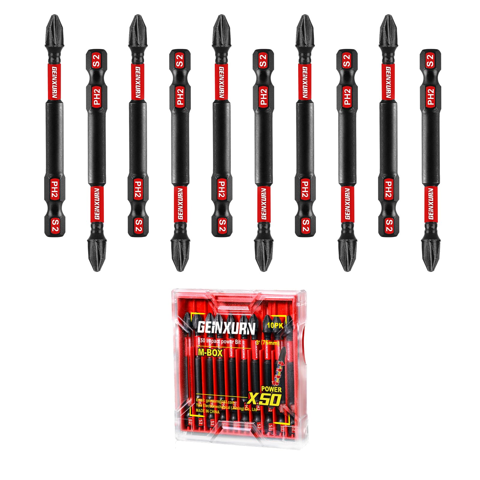 Geinxurn Impact Tough 3 in. #2 Phillips Screwdriver Bits Set,10 Pack Magnetic S2 Steel PH2 Long Power Driver Bits with Storage M-Box