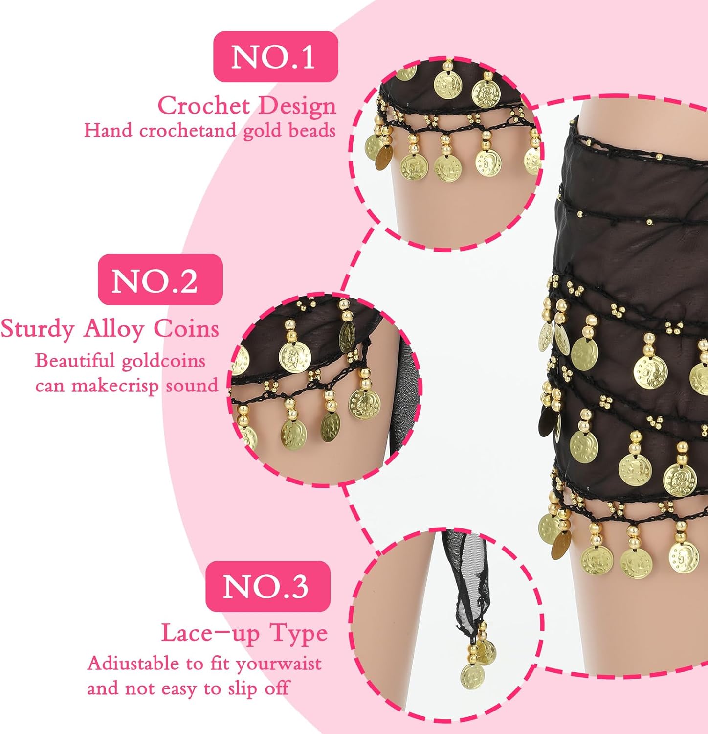 9 Pcs Belly Dance Hip Scarf, Belly Dance Skirt Sequin Tassel Skirt Wrap Sparkly Tinsel Fringe Skirts with Sequins and 128 Gold Coins Performance Costume for Women - Image 5