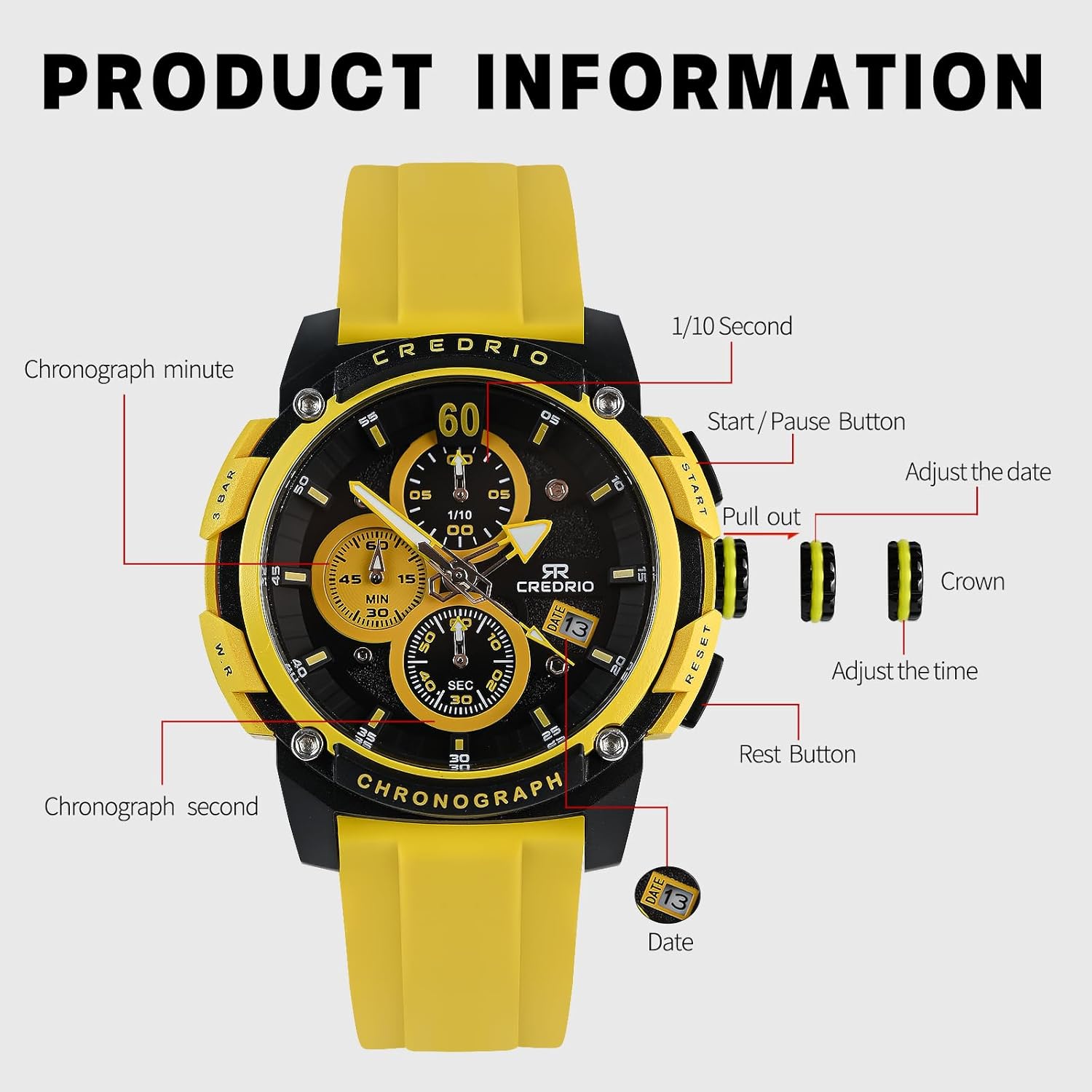 Men's Fashion Watch Silicon Band Business Quartz Watches Luxury Waterproof Luminous Analog Display with Date Chronograph Multifunctional Watch