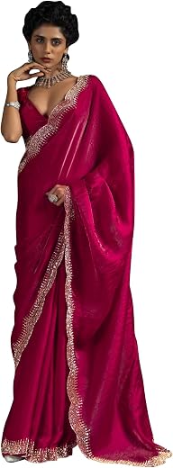 SAREE MALL Women's Satin Silk Beads & Stones Saree With Unstitched Blouse Piece