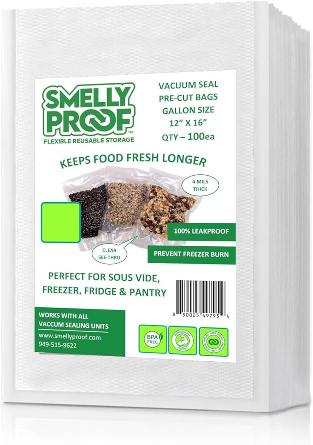 100 Vacuum Sealer Bags for Food, Heavy Duty 4mil GALLON 12"x16" – US-Made, BPA FREE, Vacuum Seal Bags, Seal Meal Bags, Food Sealer Bags, Sous Vide Vacuum Bags, by SMELLY PROOF