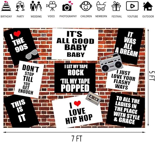 Miniatura 4 de Fondo temático de Hip Hop de los años 90, vinilo nuevo de 7 x 5 pies, fondo retro de fotografía de pared de ladrillo rojo, decoración de fiesta de