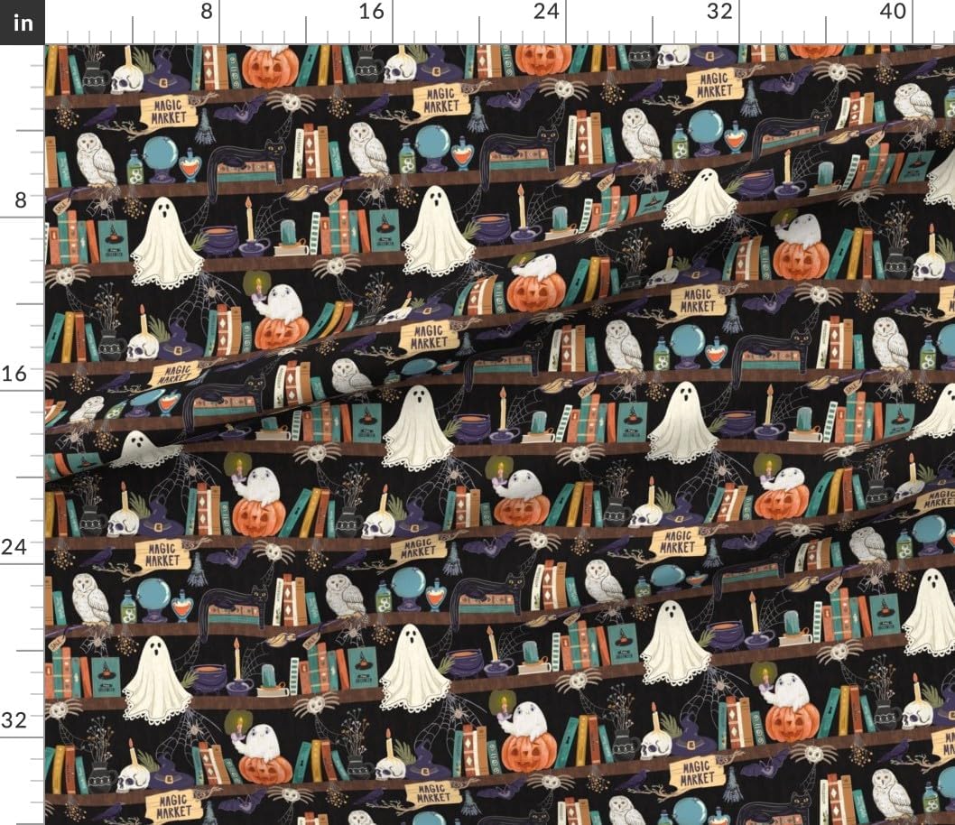 Spoonflower Fabric - Spooky Halloween Black Cats Ghosts Pumpkins Witchy Books Spiders Printed on Petal Cotton Fabric Fat Quarter - Sewing Quilting Apparel Crafts Decor