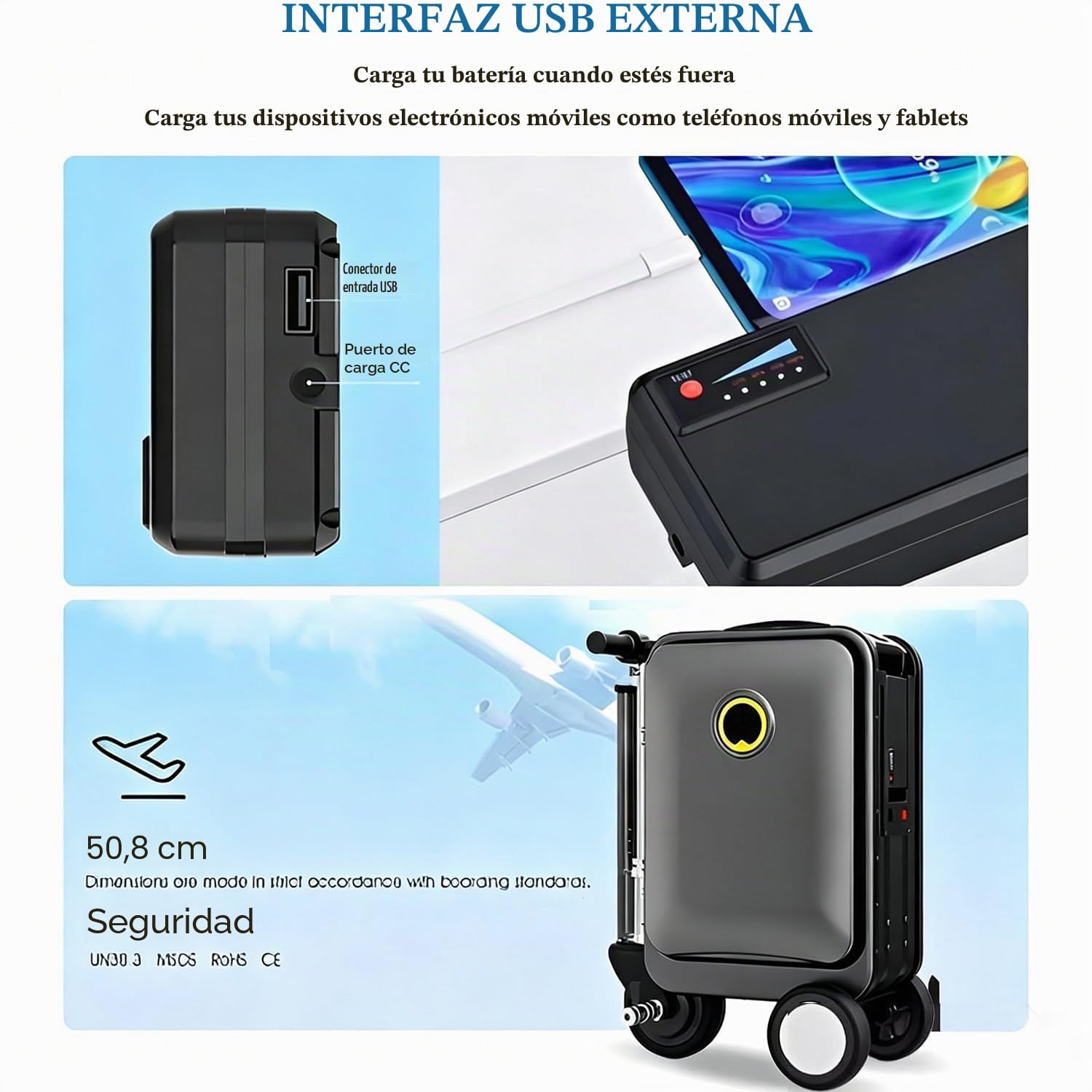 Maleta Inteligente Eléctrica 20'' con Marco de Aleación de Aluminio, Batería Segura 93,6 WH,Cerradura con Contraseña,Puerto de Carga Externo,Diseño Ligero e Impermeable Silver-with2battery
